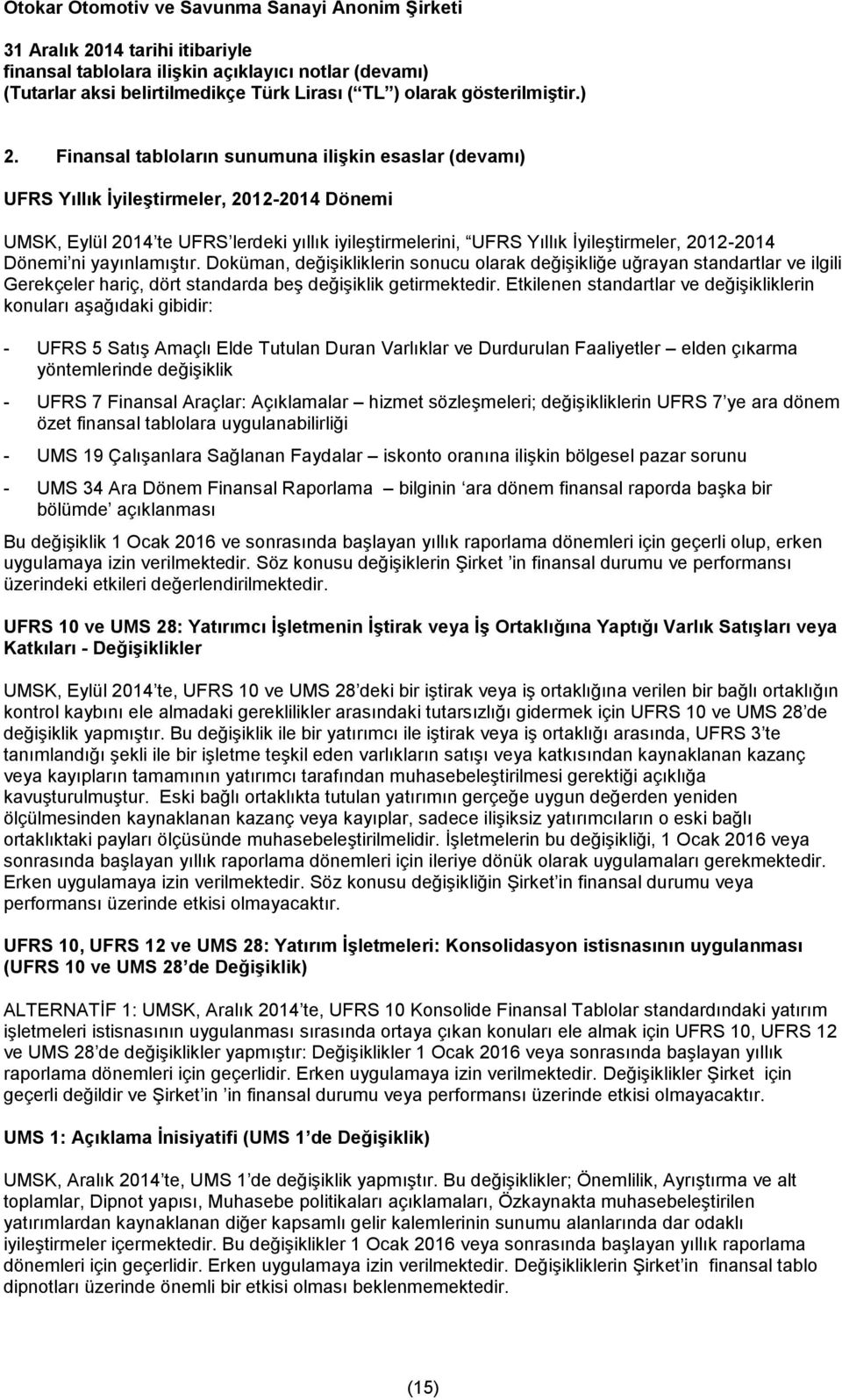 Etkilenen standartlar ve değişikliklerin konuları aşağıdaki gibidir: - UFRS 5 Satış Amaçlı Elde Tutulan Duran Varlıklar ve Durdurulan Faaliyetler elden çıkarma yöntemlerinde değişiklik - UFRS 7