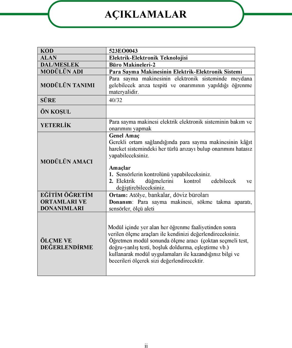 SÜRE 40/32 ÖN KOŞUL YETERLİK MODÜLÜN AMACI EĞİTİM ÖĞRETİM ORTAMLARI VE DONANIMLARI Para sayma makinesi elektrik elektronik sisteminin bakım ve onarımını yapmak Genel Amaç Gerekli ortam sağlandığında