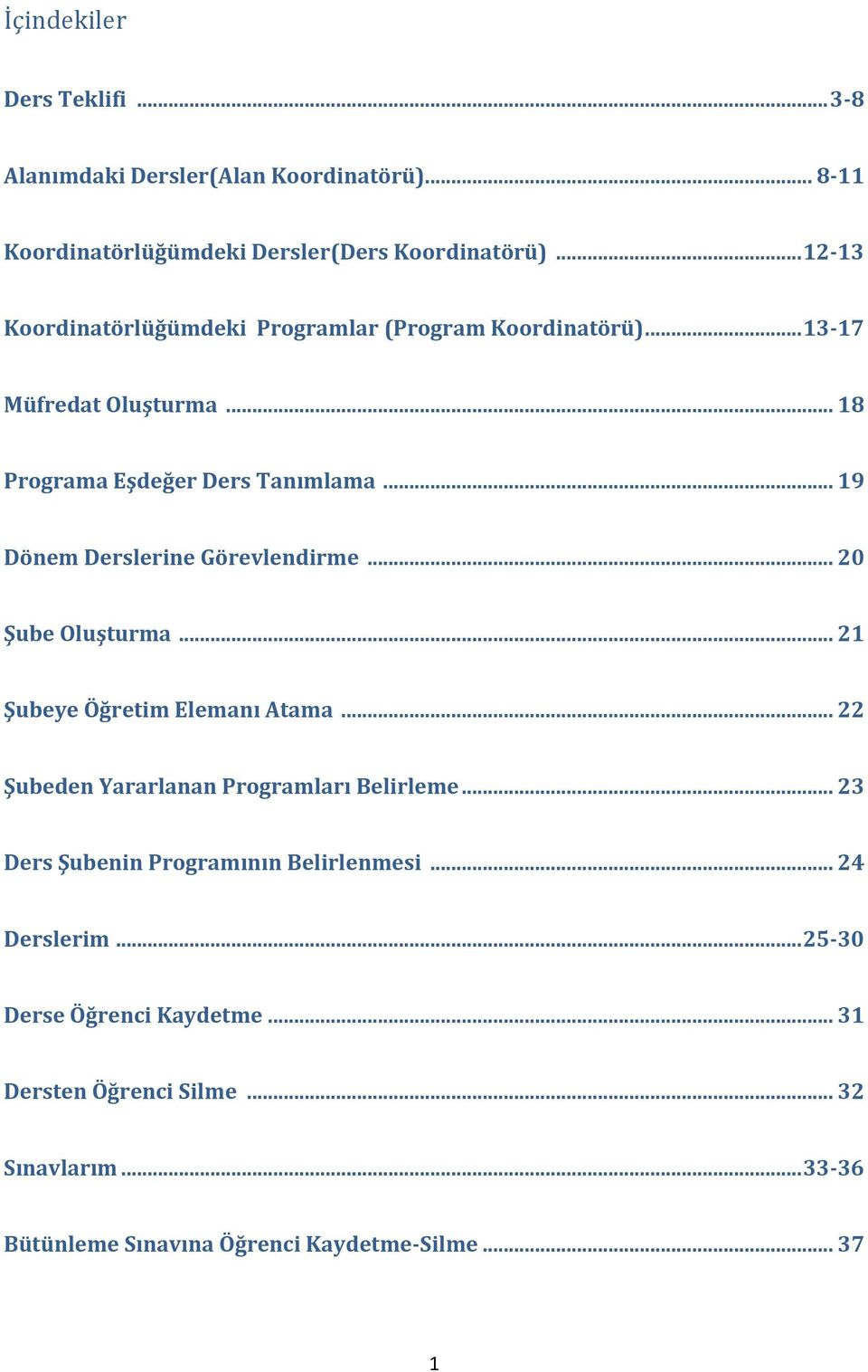 .. 19 Dönem Derslerine Görevlendirme... 20 Şube Oluşturma... 21 Şubeye Öğretim Elemanı Atama... 22 Şubeden Yararlanan Programları Belirleme.