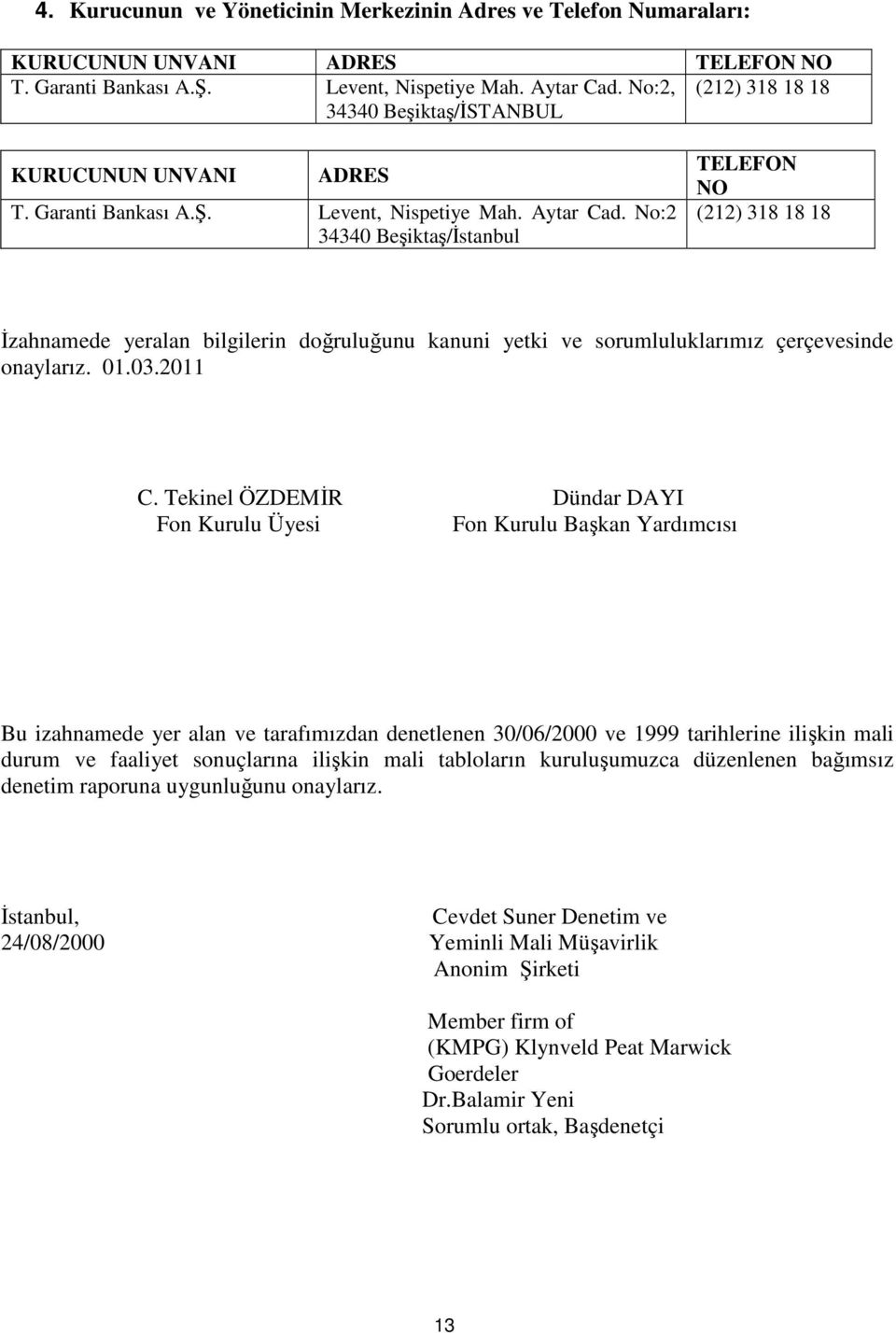 No:2 34340 Beşiktaş/İstanbul TELEFON NO (212) 318 18 18 İzahnamede yeralan bilgilerin doğruluğunu kanuni yetki ve sorumluluklarımız çerçevesinde onaylarız. 01.03.2011 C.