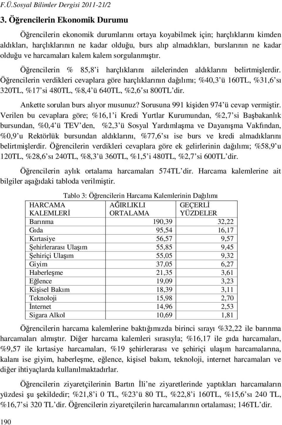 olduğu ve harcamaları kalem kalem sorgulanmıştır. Öğrencilerin % 85,8 i harçlıklarını ailelerinden aldıklarını belirtmişlerdir.