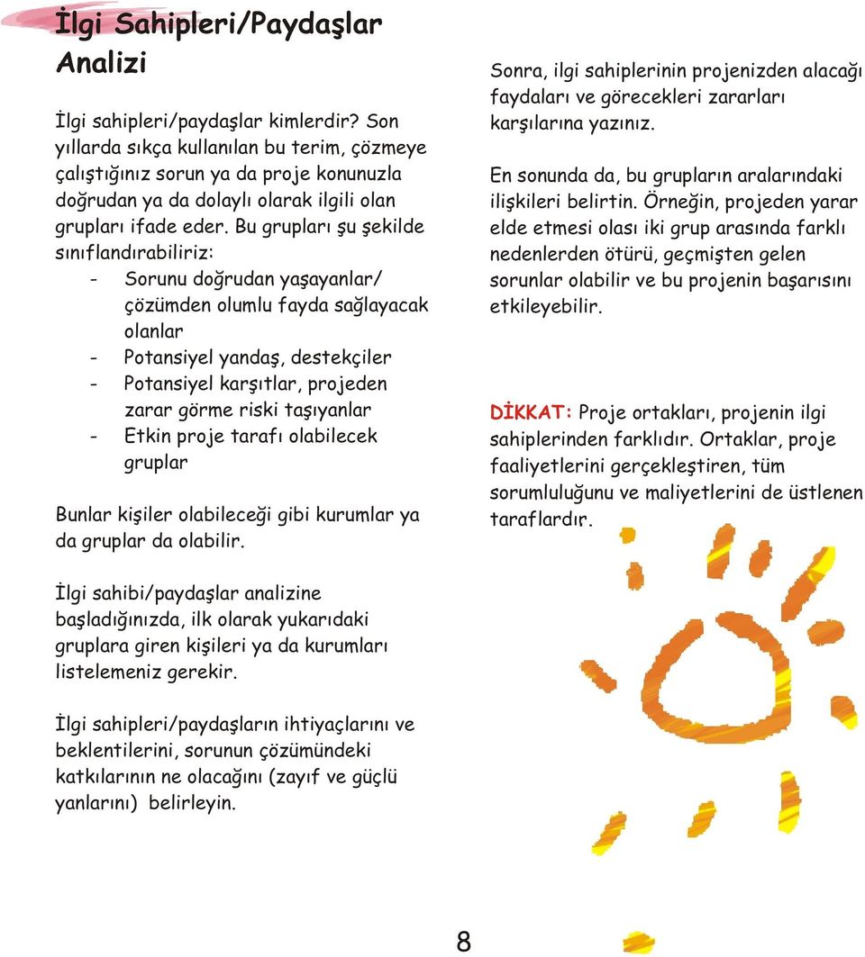 Bu gruplarý þu þekilde sýnýflandýrabiliriz: - Sorunu doðrudan yaþayanlar/ çözümden olumlu fayda saðlayacak olanlar - Potansiyel yandaþ, destekçiler - Potansiyel karþýtlar, projeden zarar görme riski