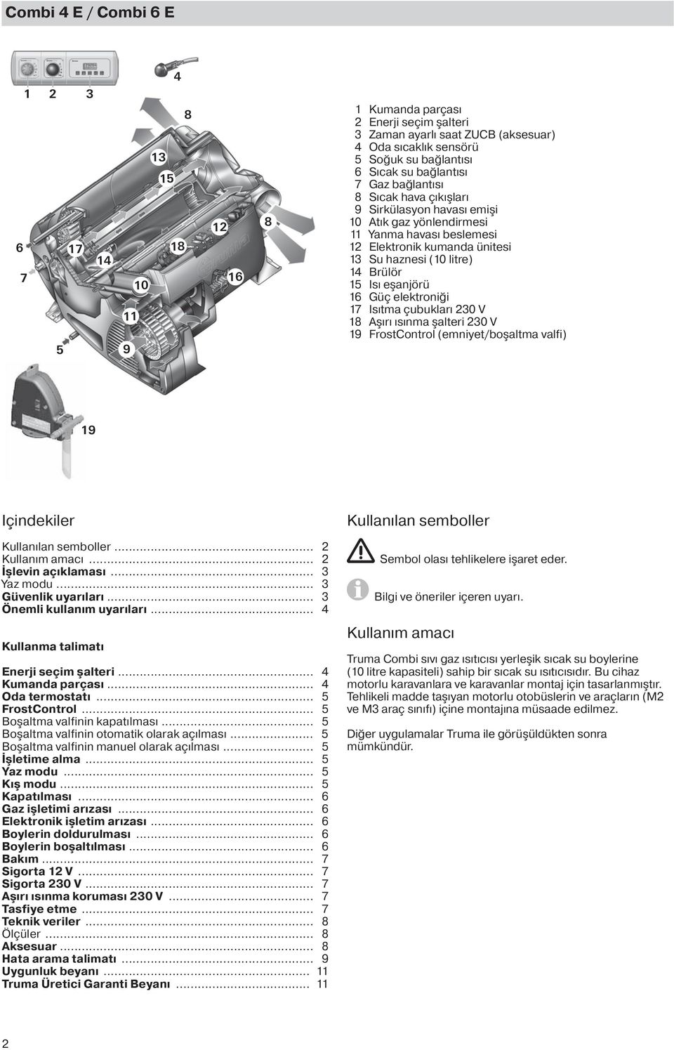 15 Isı eşanjörü 16 Güç elektroniği 17 Isıtma çubukları 230 V 18 Aşırı ısınma şalteri 230 V 19 FrostControl (emniyet/boşaltma valfi) 19 Içindekiler Kullanılan semboller... 2 Kullanım amacı.