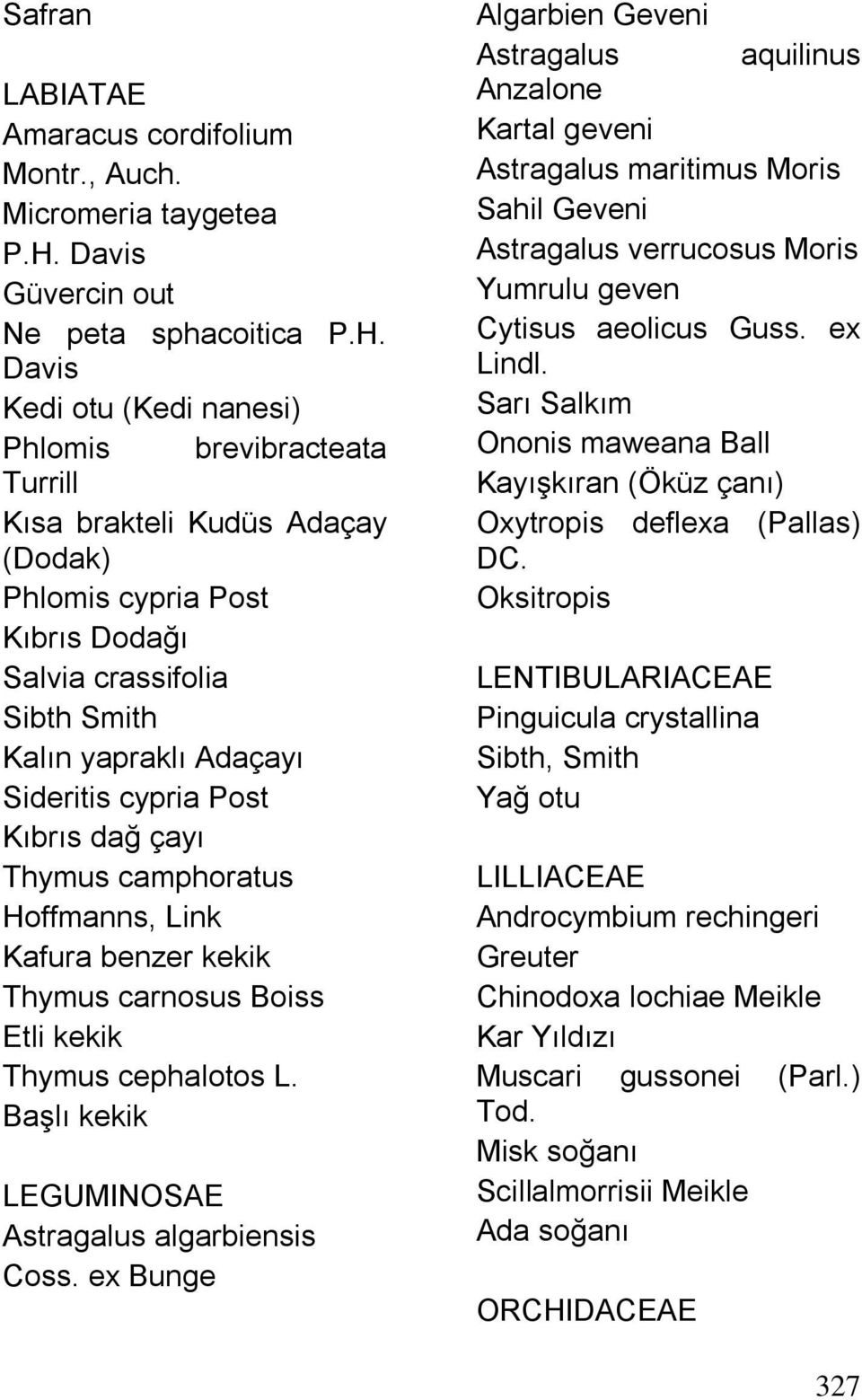 Davis Kedi otu (Kedi nanesi) Phlomis brevibracteata Turrill Kısa brakteli Kudüs Adaçay (Dodak) Phlomis cypria Post Kıbrıs Dodağı Salvia crassifolia Sibth Smith Kalın yapraklı Adaçayı Sideritis cypria