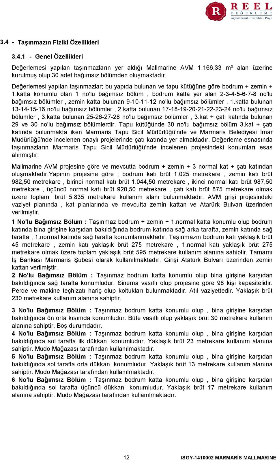 katta konumlu olan 1 no'lu bağımsız bölüm, bodrum katta yer alan 2-3-4-5-6-7-8 no'lu bağımsız bölümler, zemin katta bulunan 9-10-11-12 no'lu bağımsız bölümler, 1.