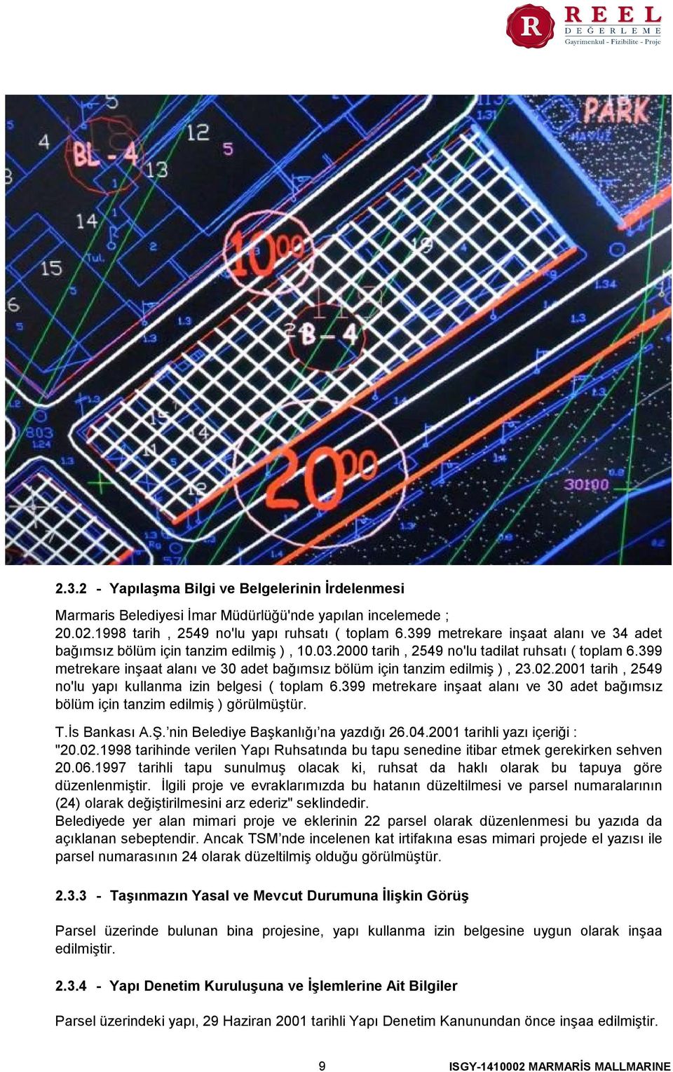 399 metrekare inşaat alanı ve 30 adet bağımsız bölüm için tanzim edilmiş ), 23.02.2001 tarih, 2549 no'lu yapı kullanma izin belgesi ( toplam 6.