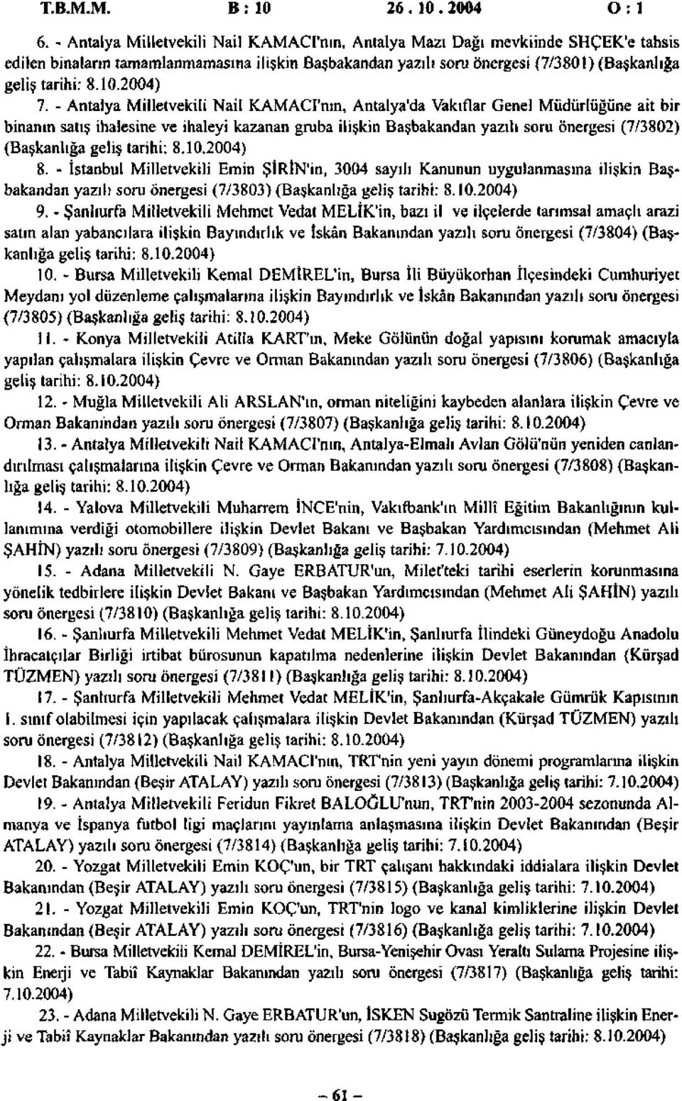 - Antalya Milletvekili Nail KAMACI'nın, Antalya'da Vakıflar Genel Müdürlüğüne ait bir binanın satış ihalesine ve ihaleyi kazanan gruba ilişkin Başbakandan yazılı soru önergesi (7/3802) (Başkanlığa