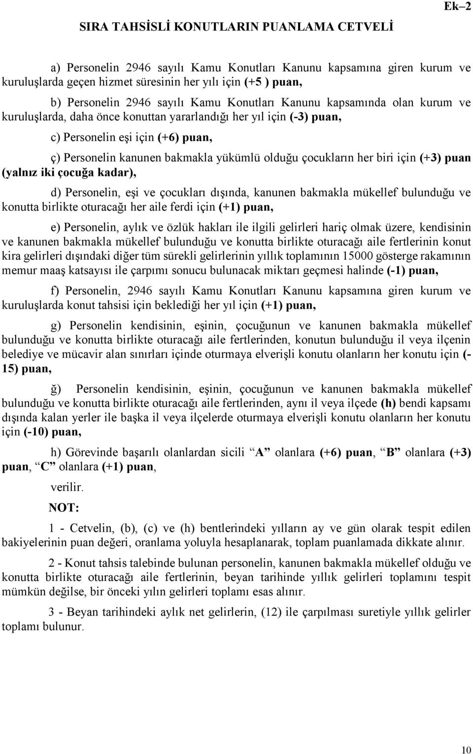 yükümlü olduğu çocukların her biri için (+3) puan (yalnız iki çocuğa kadar), d) Personelin, eşi ve çocukları dışında, kanunen bakmakla mükellef bulunduğu ve konutta birlikte oturacağı her aile ferdi