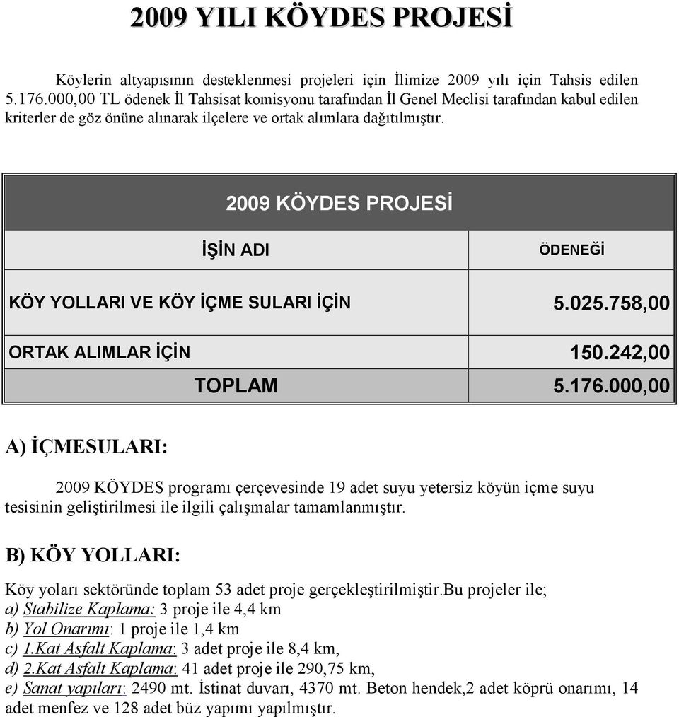 2009 KÖYDES Sİ İŞİN ADI ÖDENEĞİ KÖY LARI VE KÖY İÇME SULARI İÇİN 5.025.758,00 ORTAK ALIMLAR İÇİN 150.242,00 TOPLAM 5.176.