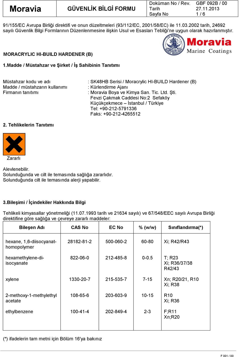 Madde / Müstahzar ve Şirket / İş Sahibinin Tanıtımı Müstahzar kodu ve adı Madde / müstahzarın kullanımı Firmanın tanıtımı : SK48HB Serisi / Moracrylic HI-BUILD Hardener (B) : Kürlendirme Ajanı :