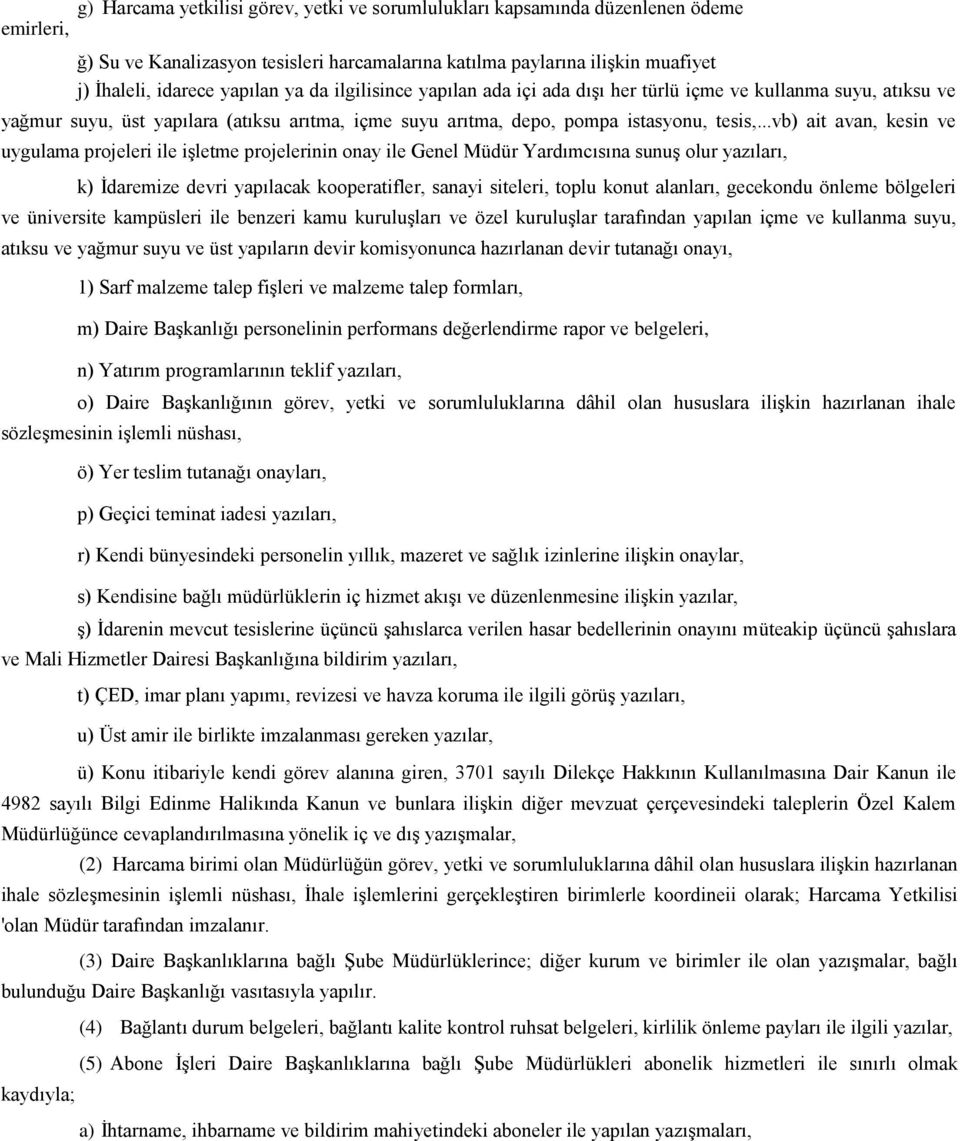 ..vb) ait avan, kesin ve uygulama projeleri ile işletme projelerinin onay ile Genel Müdür Yardımcısına sunuş olur yazıları, k) İdaremize devri yapılacak kooperatifler, sanayi siteleri, toplu konut