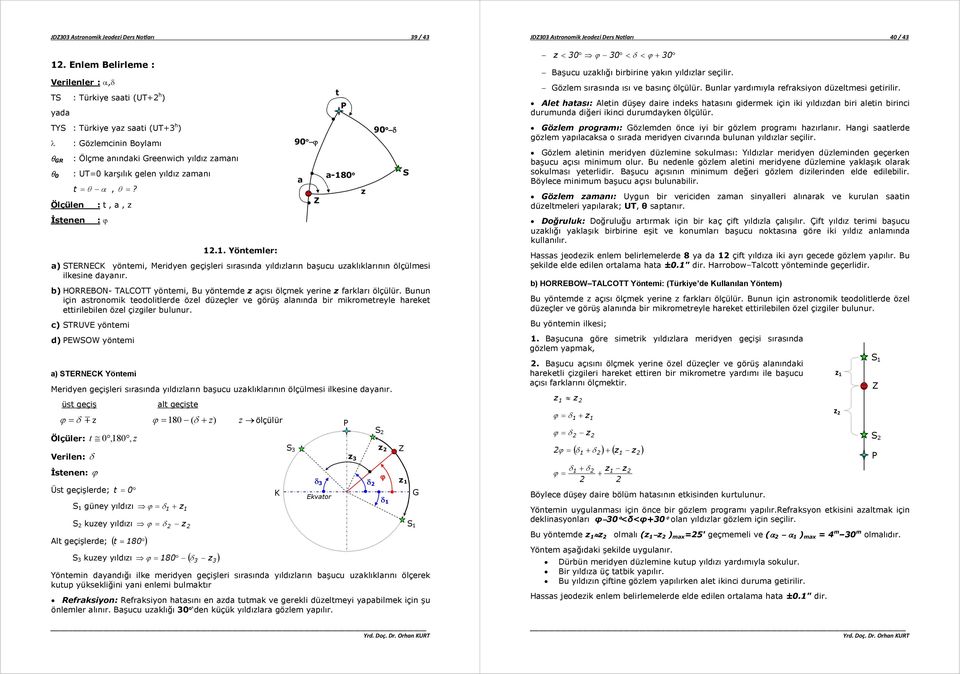 α, θ =? :,, : ϕ 1.1. Yönemler: ) TERNECK yönemi, Meridyen geçişleri sırsınd yıldılrın bşucu uklıklrının ölçülmesi ilkesine dynır.