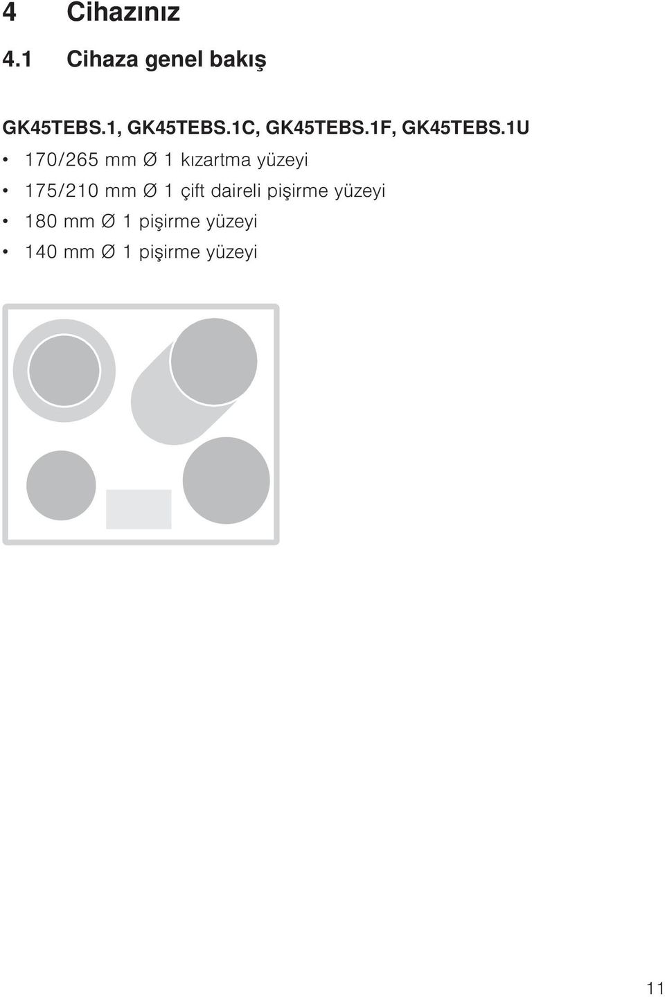 1U 170/265 mm Ø 1 kızartma yüzeyi 175/210 mm Ø 1 çift