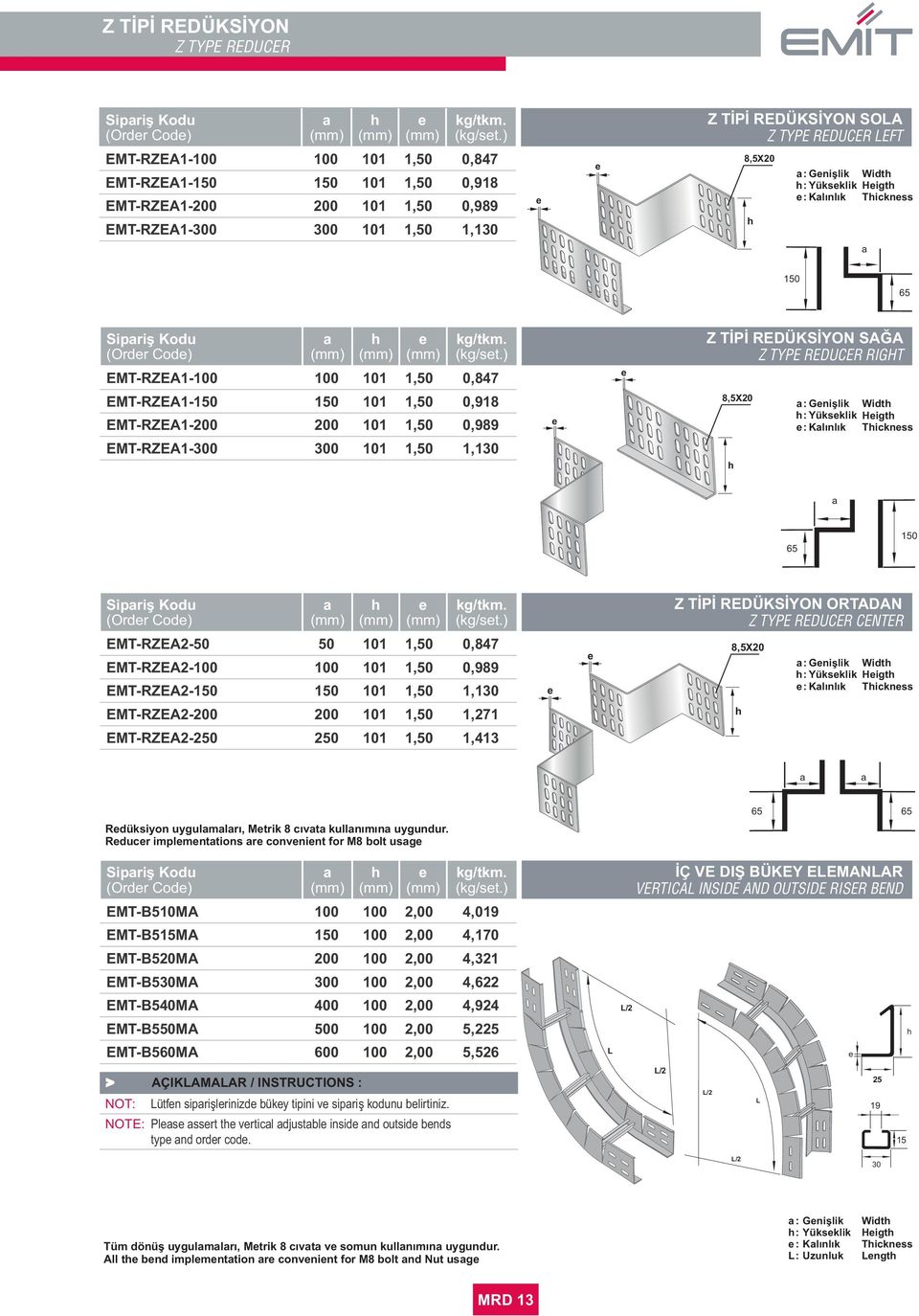 (kg/st.) Gnişlik Widt Yüksklik Higt Klınlık Ticknss 0 65 Sipriş Kodu (Ordr Cod) Z TİPİ REDÜKSİYON ORTADAN Z TYPE REDUCER CENTER kg/tkm. (kg/st.