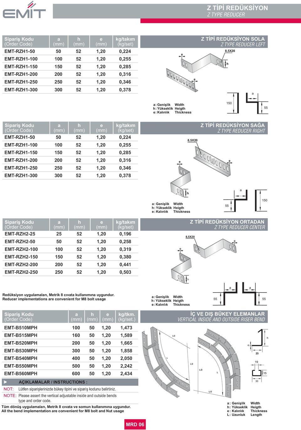 EMT-RZH1-52 1,20 0,5 EMT-RZH1-0 0 52 1,20 0,285 EMT-RZH1-52 1,20 0,316 EMT-RZH1-0 0 52 1,20 0,346 EMT-RZH1-0 0 52 1,20 0,378 Z TİPİ REDÜKSİYON SAĞA Z TYPE REDUCER RIGHT Gnişlik Widt Yüksklik Higt