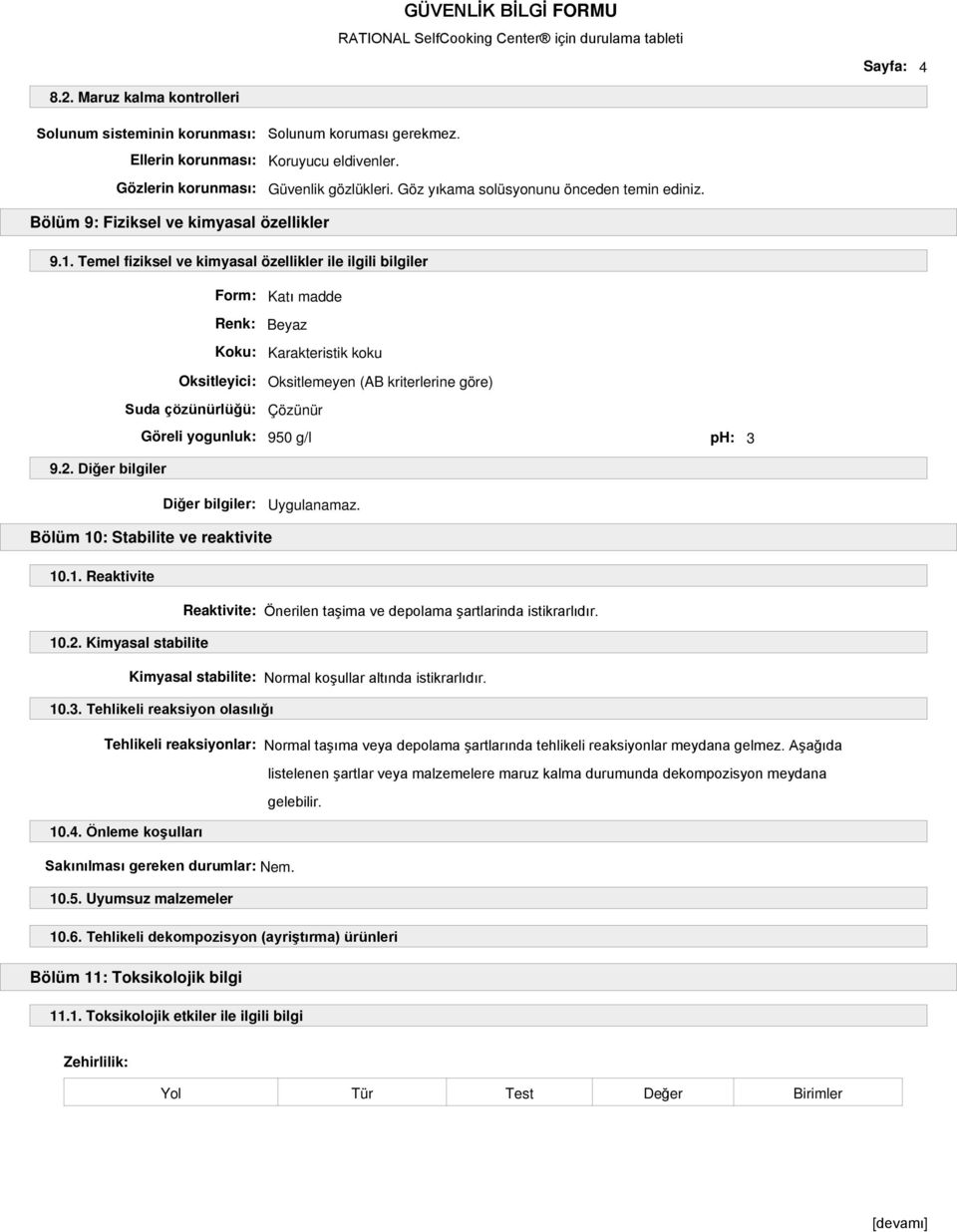 Temel fiziksel ve kimyasal özellikler ile ilgili bilgiler Form: Katı madde Renk: Beyaz Koku: Karakteristik koku Oksitleyici: Oksitlemeyen (AB kriterlerine göre) Suda çözünürlüğü: Çözünür Göreli