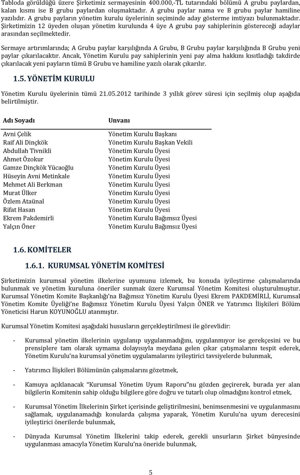 Şirketimizin 12 üyeden oluşan yönetim kurulunda 4 üye A grubu pay sahiplerinin göstereceği adaylar arasından seçilmektedir.