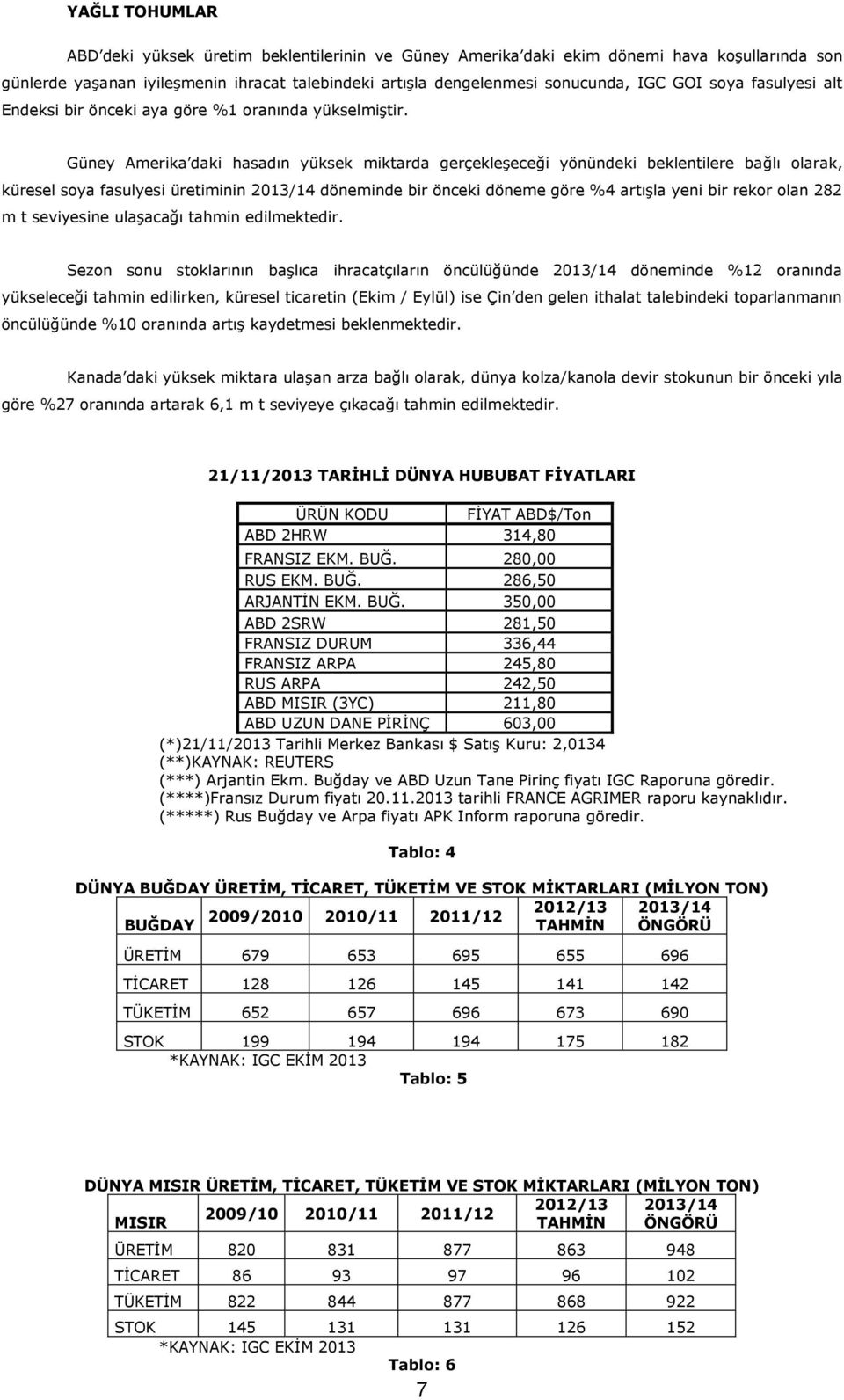 Güney Amerika daki hasadın yüksek miktarda gerçekleģeceği yönündeki beklentilere bağlı olarak, küresel soya fasulyesi üretiminin 2013/14 döneminde bir önceki döneme göre %4 artıģla yeni bir rekor