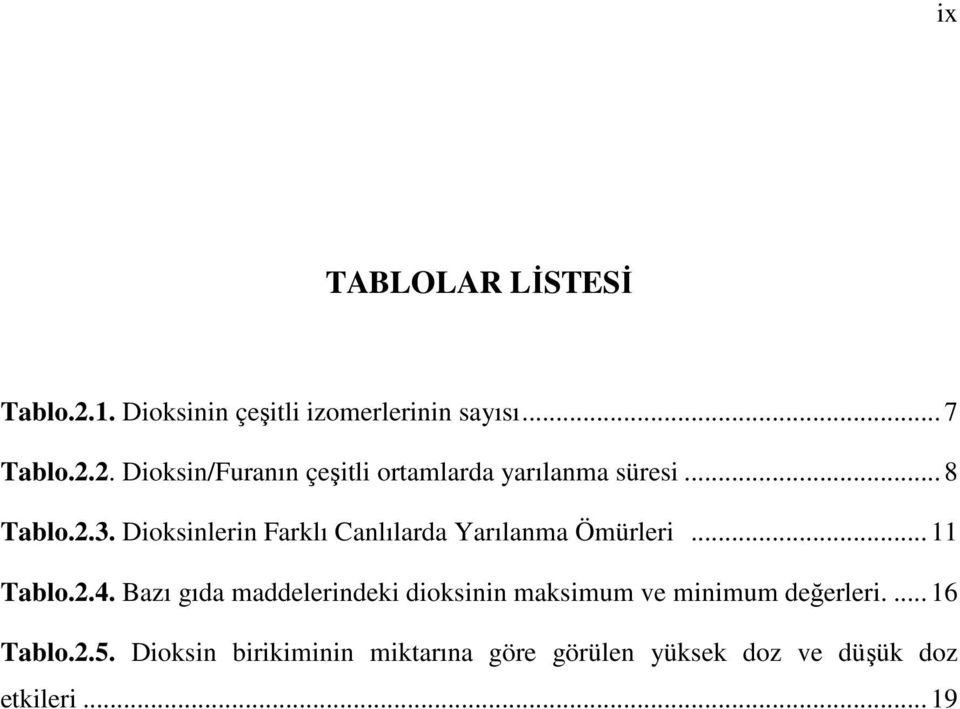 Bazı gıda maddelerindeki dioksinin maksimum ve minimum değerleri.... 16 Tablo.2.5.