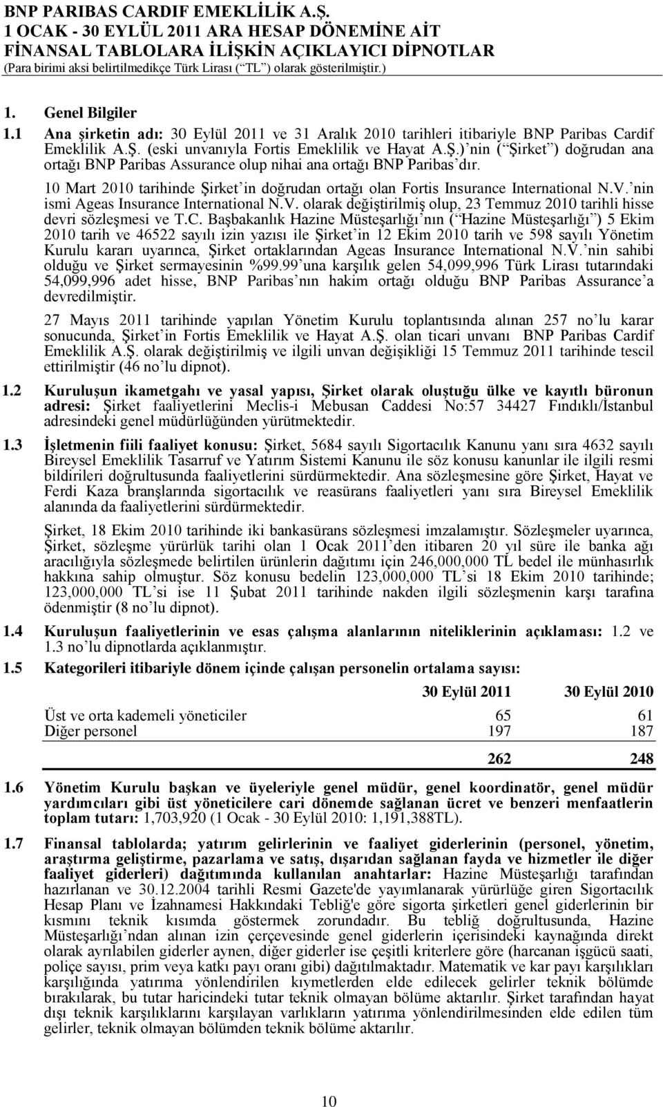 10 Mart 2010 tarihinde ġirket in doğrudan ortağı olan Fortis Insurance International N.V. nin ismi Ageas Insurance International N.V. olarak değiģtirilmiģ olup, 23 Temmuz 2010 tarihli hisse devri sözleģmesi ve T.