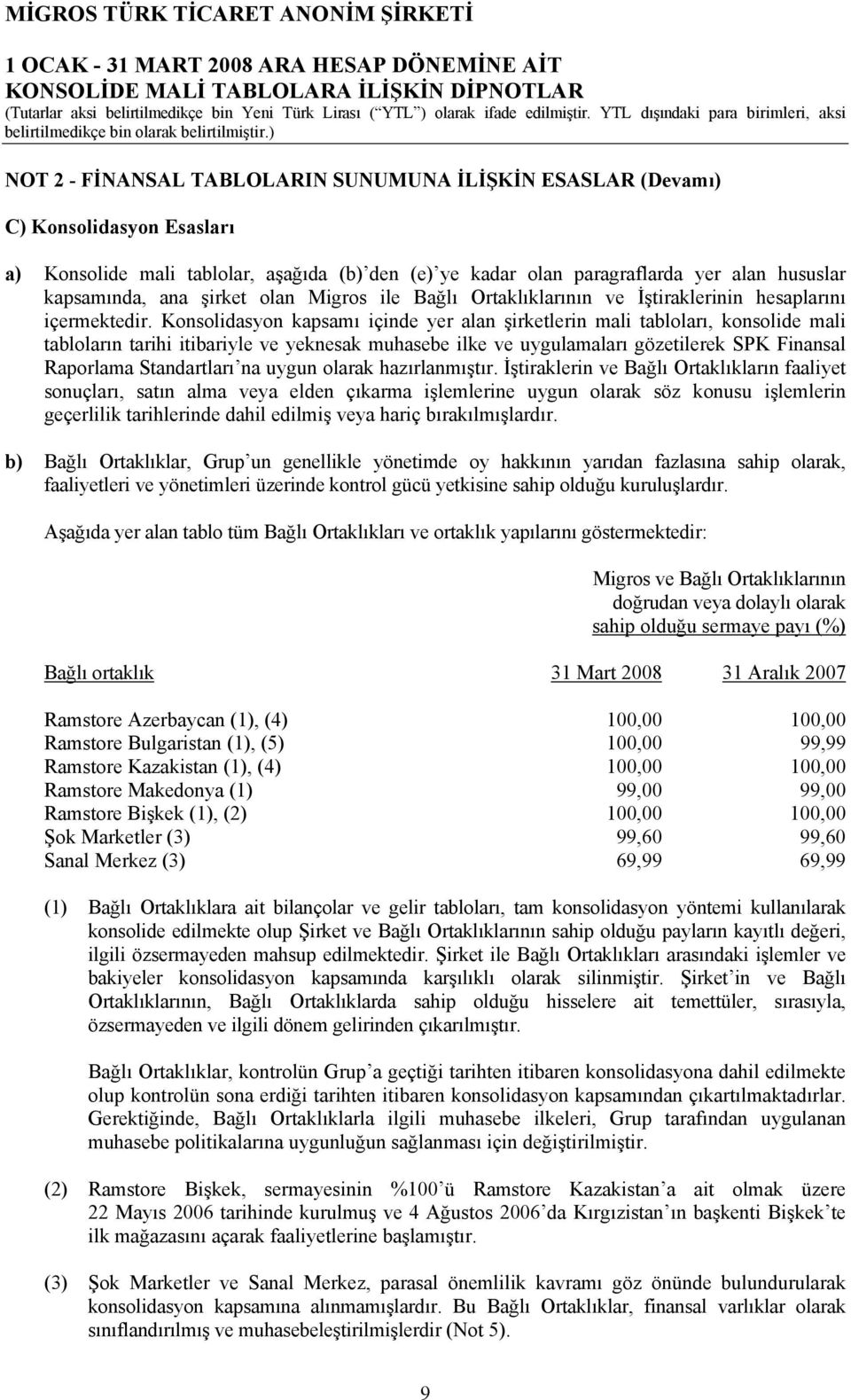 Konsolidasyon kapsamı içinde yer alan şirketlerin mali tabloları, konsolide mali tabloların tarihi itibariyle ve yeknesak muhasebe ilke ve uygulamaları gözetilerek SPK Finansal Raporlama Standartları