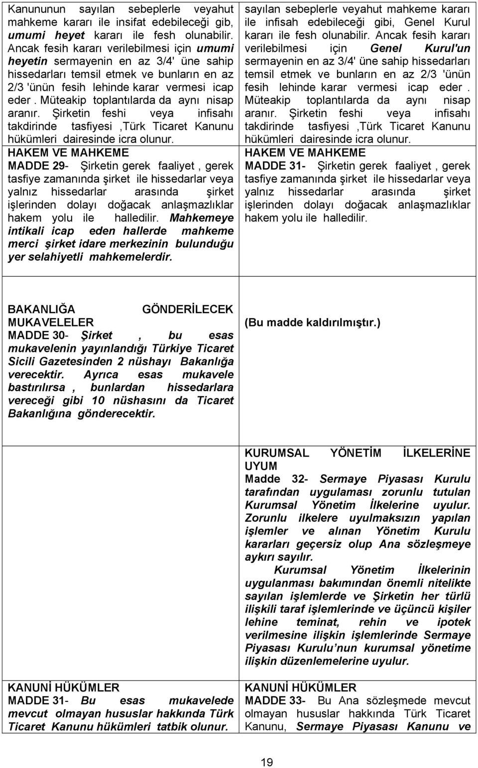 Müteakip toplantılarda da aynı nisap aranır. Şirketin feshi veya infisahı takdirinde tasfiyesi,türk Ticaret Kanunu hükümleri dairesinde icra olunur.