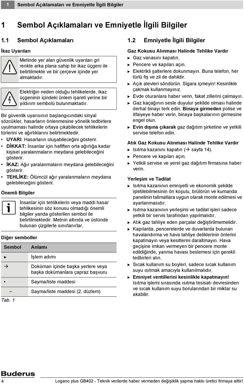 ve ağırlıklarını belirtmektedir. UYARI: Hasarların oluşabileceğini gösterir. DİKKAT: İnsanlar için hafiften orta ağırlığa kadar kişisel yaralanmaların meydana gelebileceğini gösterir.