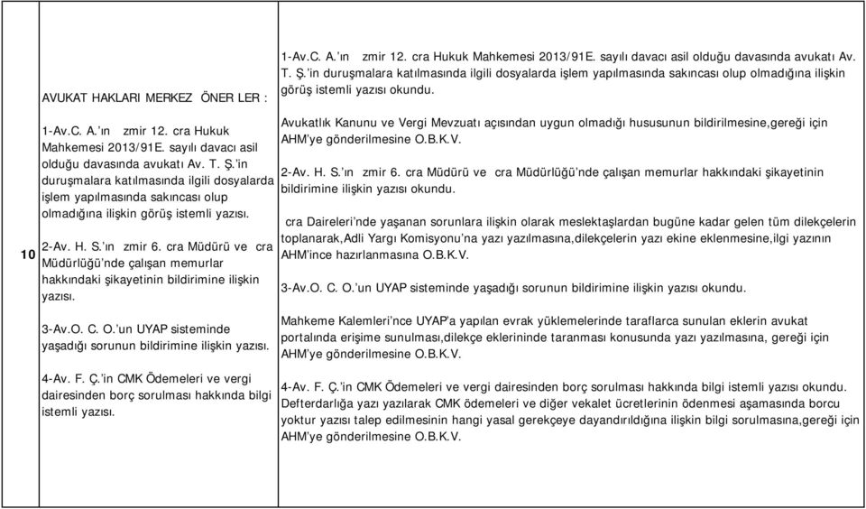 İcra Müdürü ve İcra 10 Müdürlüğü'nde çalışan memurlar hakkındaki şikayetinin bildirimine ilişkin yazısı. 3-Av.O. C. O.'un UYAP sisteminde yaşadığı sorunun bildirimine ilişkin yazısı. 4-Av. F. Ç.