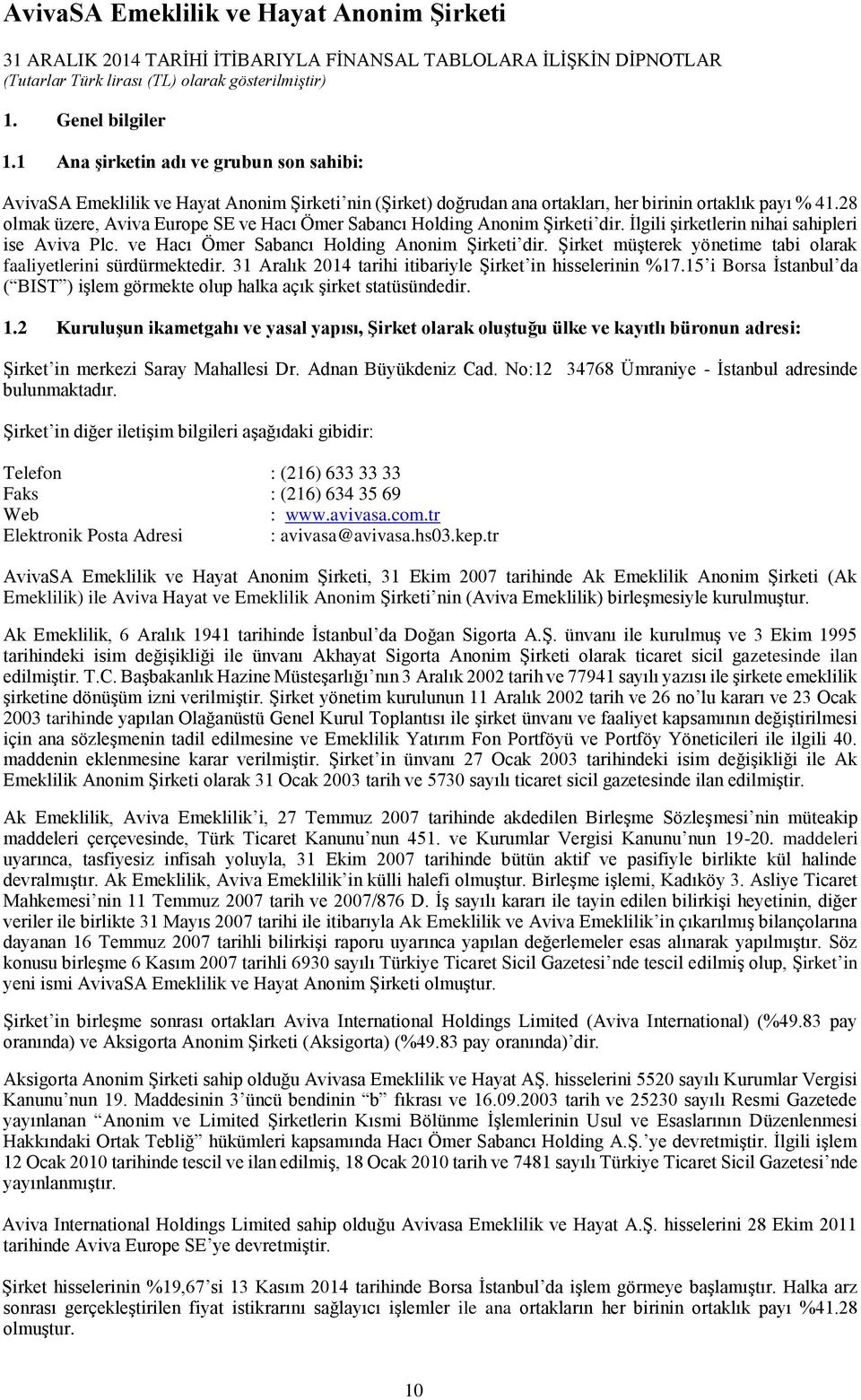 31 Aralık 2014 tarihi itibariyle Şirket in hisselerinin %17.15 i Borsa İstanbul da ( BIST ) işlem görmekte olup halka açık şirket statüsündedir. 1.