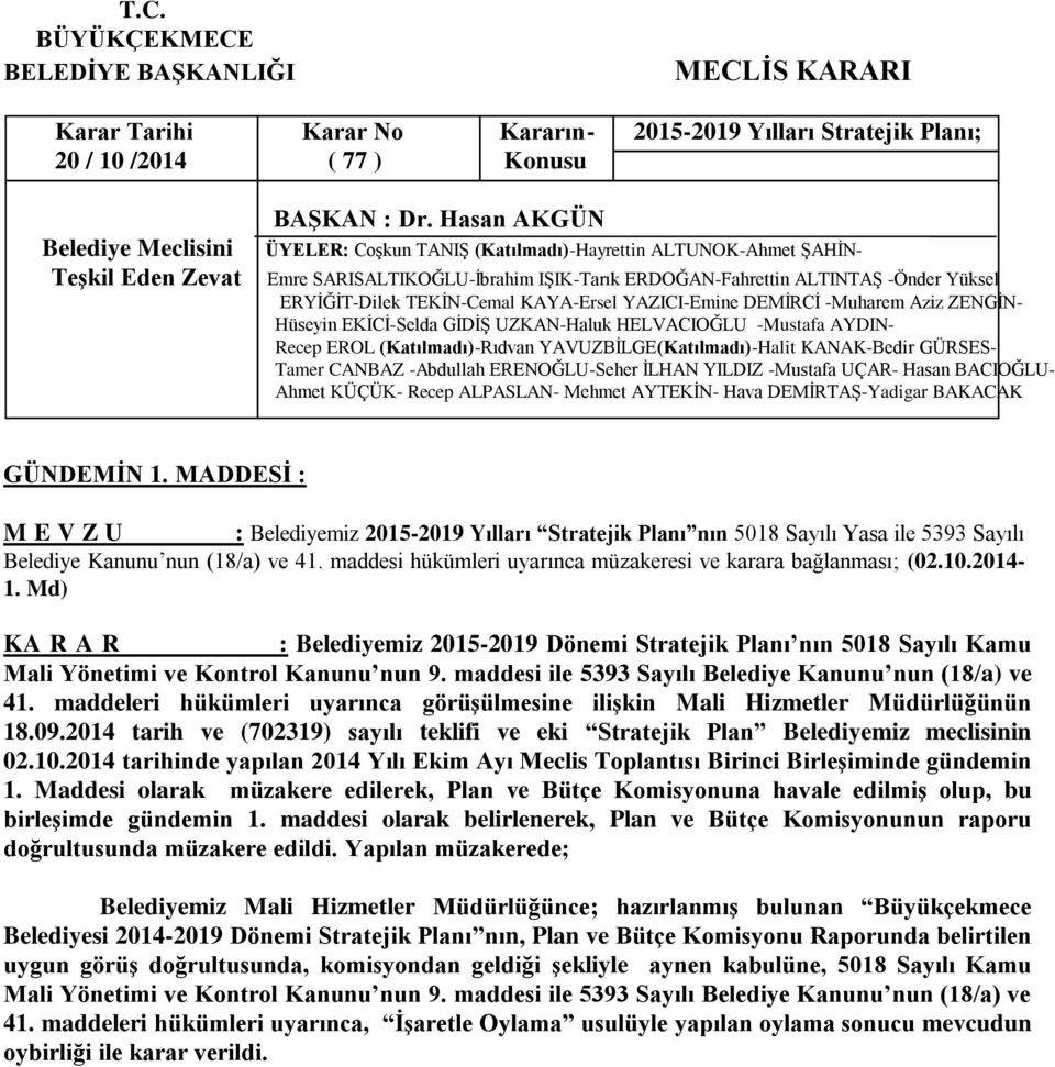 maddesi hükümleri uyarınca müzakeresi ve karara bağlanması; (02.10.2014-1. Md) KA R A R : Belediyemiz 2015-2019 Dönemi Stratejik Planı nın 5018 Sayılı Kamu Mali Yönetimi ve Kontrol Kanunu nun 9.