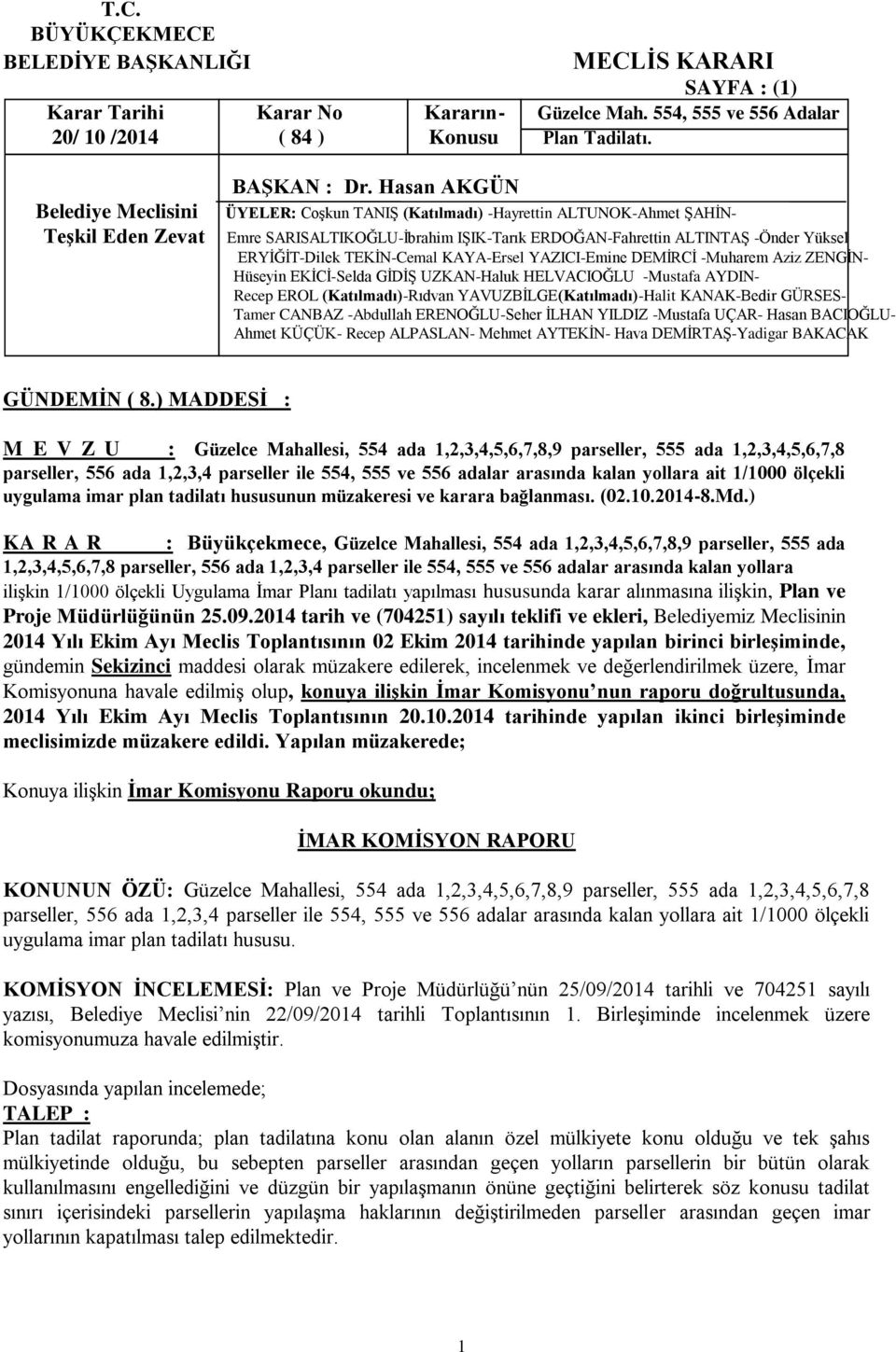 1/1000 ölçekli uygulama imar plan tadilatı hususunun müzakeresi ve karara bağlanması. (02.10.2014-8.Md.