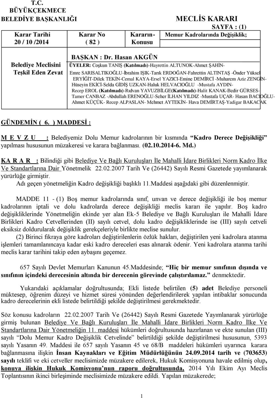 ) KA R A R : Bilindiği gibi Belediye Ve Bağlı KuruluĢları Ġle Mahalli Ġdare Birlikleri Norm Kadro Ġlke Ve Standartlarına Dair Yönetmelik 22.02.