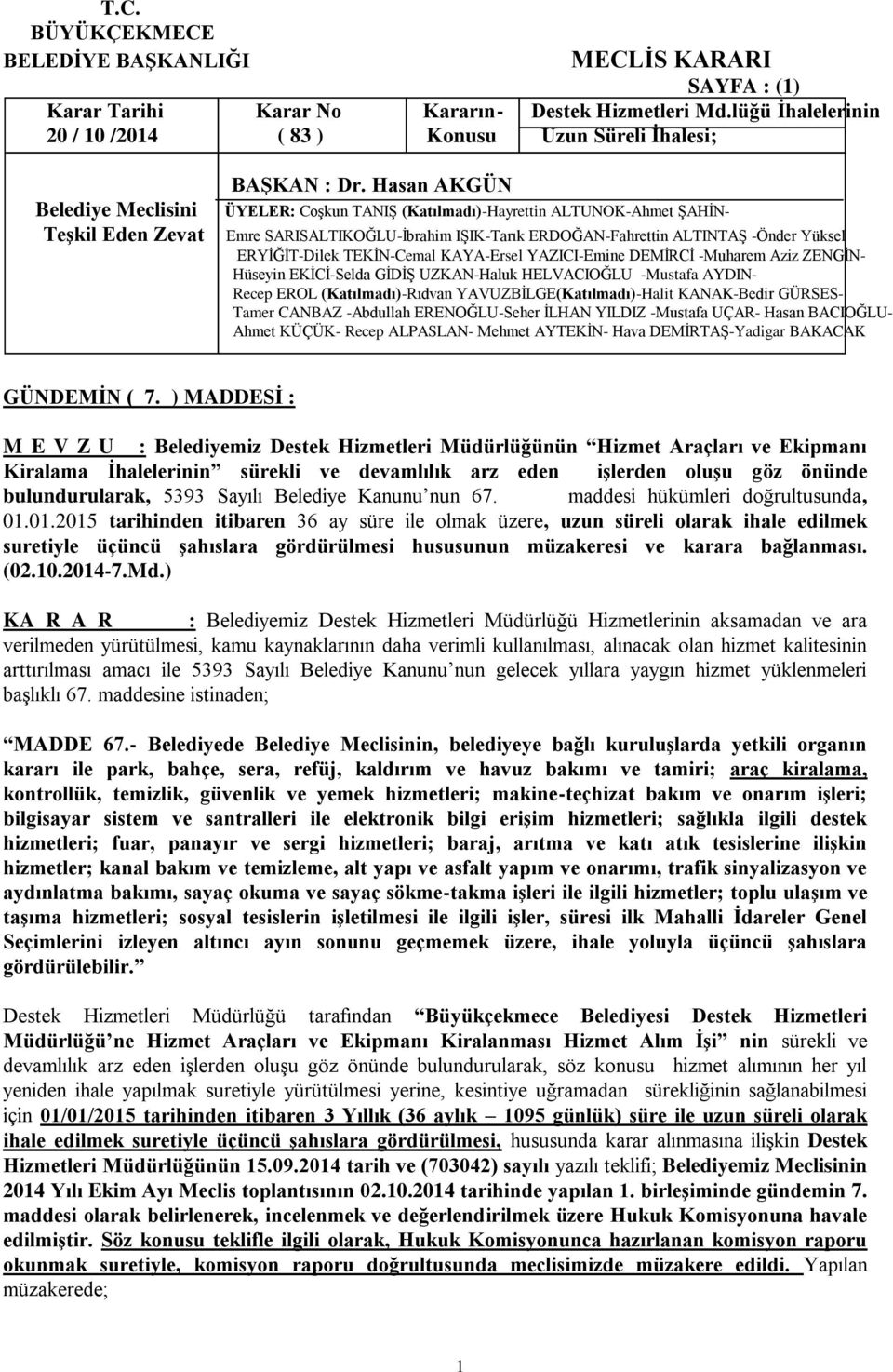 Sayılı Belediye Kanunu nun 67. maddesi hükümleri doğrultusunda, 01.