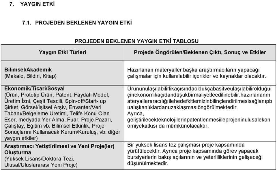 Ekonomik/Ticari/Sosyal (Ürün, Prototip Ürün, Patent, Faydalı Model, Üretim İzni, Çeşit Tescili, Spin-off/Start- up Şirket, Görsel/İşitsel Arşiv, Envanter/Veri Tabanı/Belgeleme Üretimi, Telife Konu