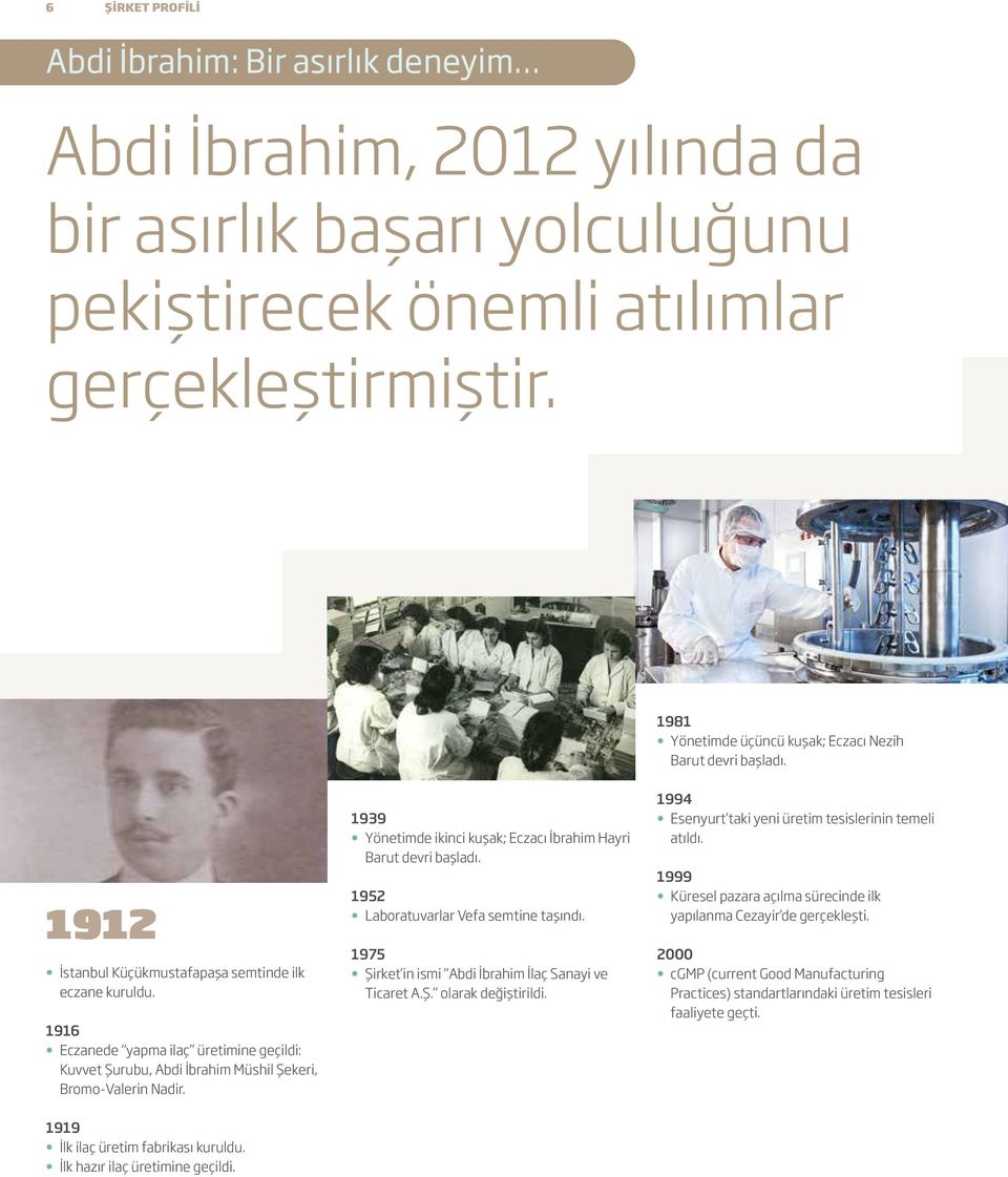 1916 Eczanede yapma ilaç üretimine geçildi: Kuvvet Şurubu, Abdi İbrahim Müshil Şekeri, Bromo-Valerin Nadir. 1939 Yönetimde ikinci kuşak; Eczacı İbrahim Hayri Barut devri başladı.