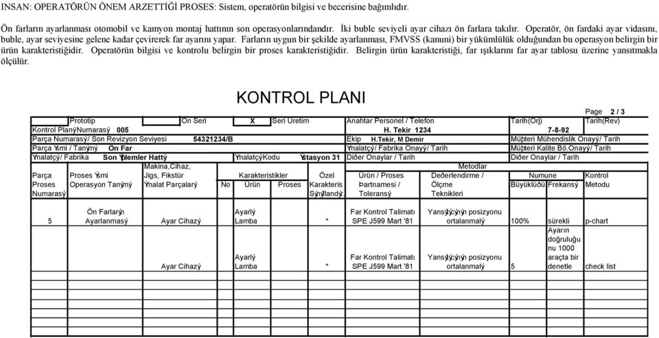 Farların uygun bir şekilde ayarlanması, FMVSS (kanuni) bir yükümlülük olduğundan bu operasyon belirgin bir ürün karakteristiğidir. Operatörün bilgisi ve kontrolu belirgin bir proses karakteristiğidir.