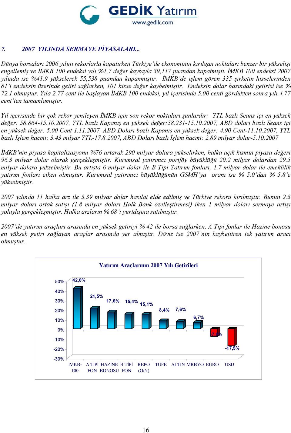 İMKB 100 endeksi 2007 yılında ise %41.9 yükselerek 55,538 puandan kapanmıştır. İMKB de işlem gören 335 şirketin hisselerinden 81 i endeksin üzerinde getiri sağlarken, 101 hisse değer kaybetmiştir.