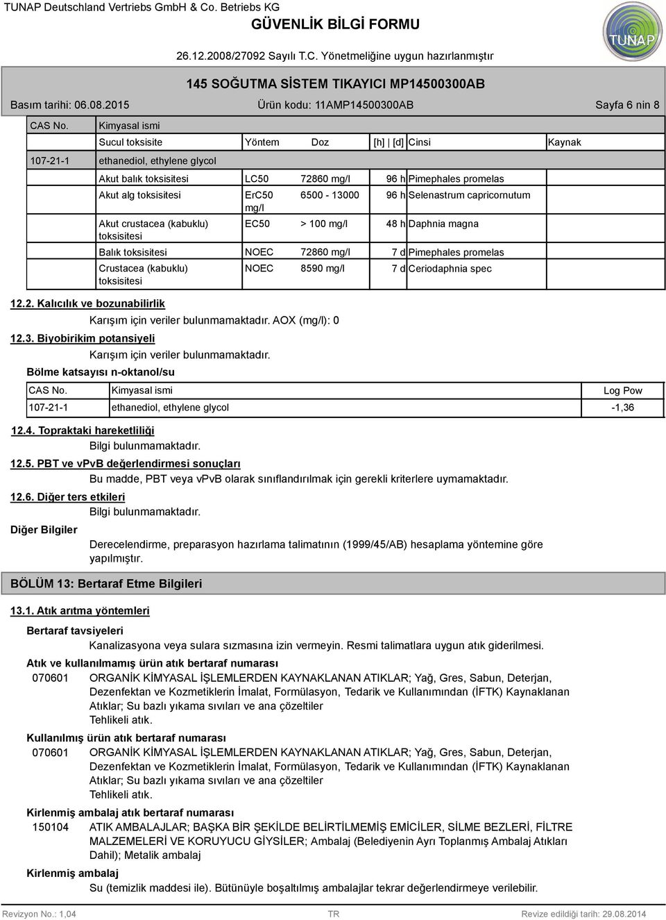 (kabuklu) toksisitesi NOEC 8590 mg/l 7 d Ceriodaphnia spec 12.2. Kalıcılık ve bozunabilirlik 12.3. Biyobirikim potansiyeli Karışım için veriler bulunmamaktadır.