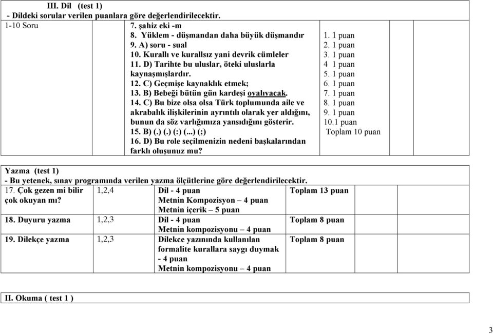 C) Bu bize olsa olsa Türk toplumunda aile ve akrabalık ilişkilerinin ayrıntılı olarak yer aldığını, bunun da söz varlığımıza yansıdığını gösterir. 15. B) (.) (.) (:) (...) (;) 16.