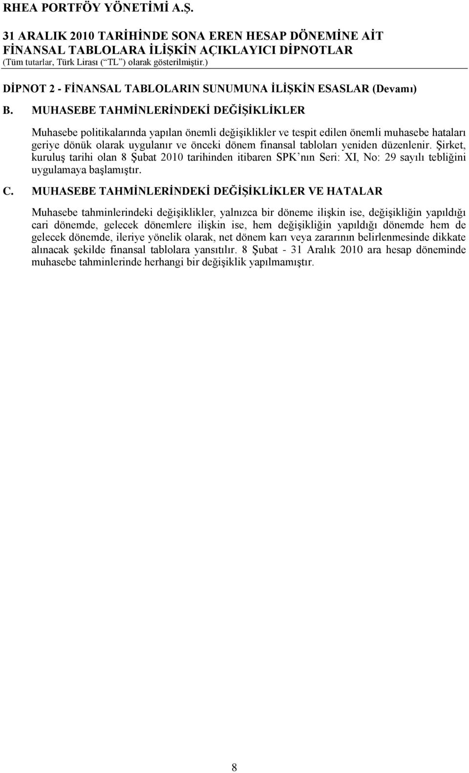 yeniden düzenlenir. ġirket, kuruluģ tarihi olan 8 ġubat 2010 tarihinden itibaren SPK nın Seri: XI, No: 29 sayılı tebliğini uygulamaya baģlamıģtır. C.