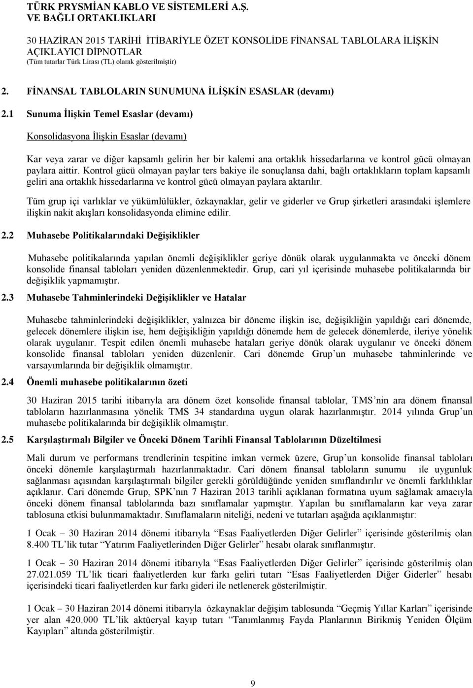 aittir. Kontrol gücü olmayan paylar ters bakiye ile sonuçlansa dahi, bağlı ortaklıkların toplam kapsamlı geliri ana ortaklık hissedarlarına ve kontrol gücü olmayan paylara aktarılır.