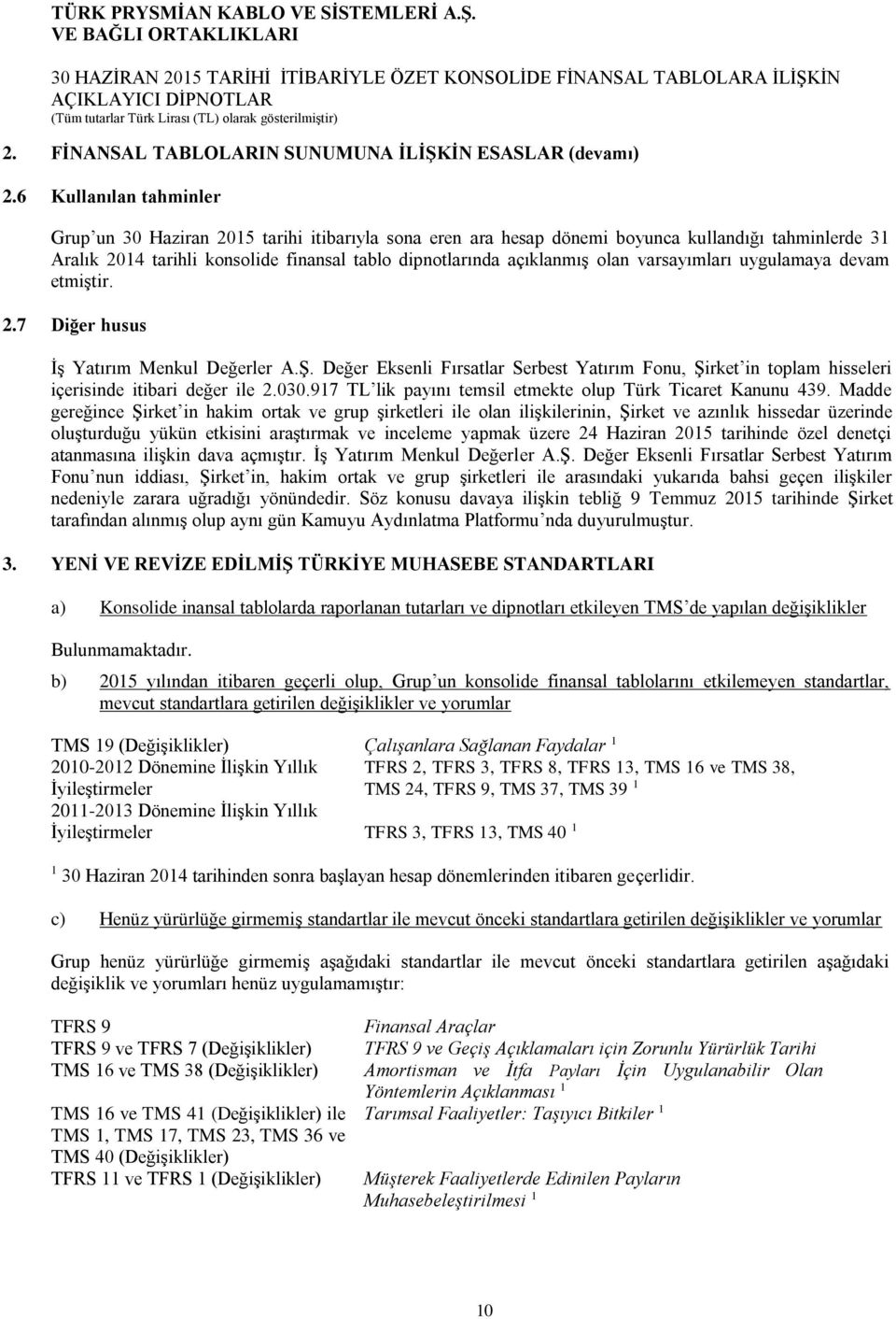 olan varsayımları uygulamaya devam etmiştir. 2.7 Diğer husus İş Yatırım Menkul Değerler A.Ş. Değer Eksenli Fırsatlar Serbest Yatırım Fonu, Şirket in toplam hisseleri içerisinde itibari değer ile 2.