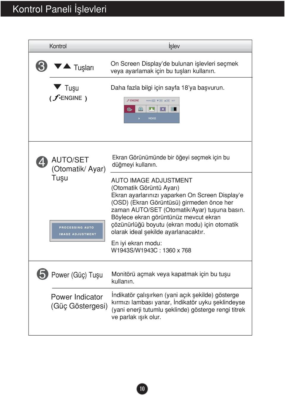 AUTO IMAGE ADJUSTMENT (Otomatik Görüntü Ayar ) Ekran ayarlar n z yaparken On Screen Display e (OSD) (Ekran Görüntüsü) girmeden önce her zaman AUTO/SET (Otomatik/Ayar) tufluna bas n.