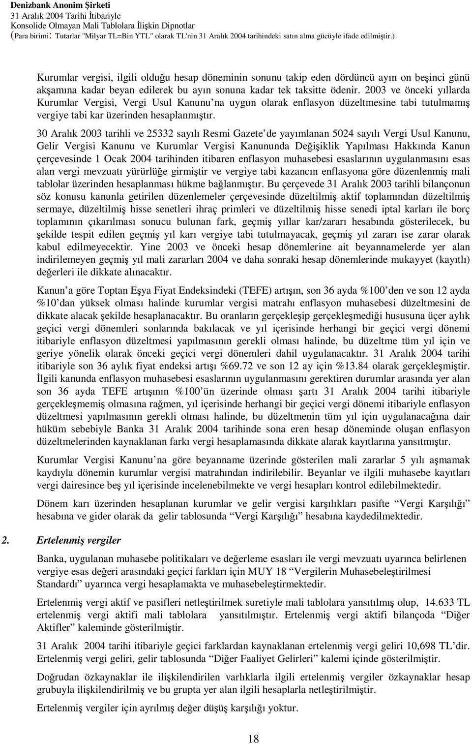 30 Aralık 2003 tarihli ve 25332 sayılı Resmi Gazete de yayımlanan 5024 sayılı Vergi Usul Kanunu, Gelir Vergisi Kanunu ve Kurumlar Vergisi Kanununda Deiiklik Yapılması Hakkında Kanun çerçevesinde 1