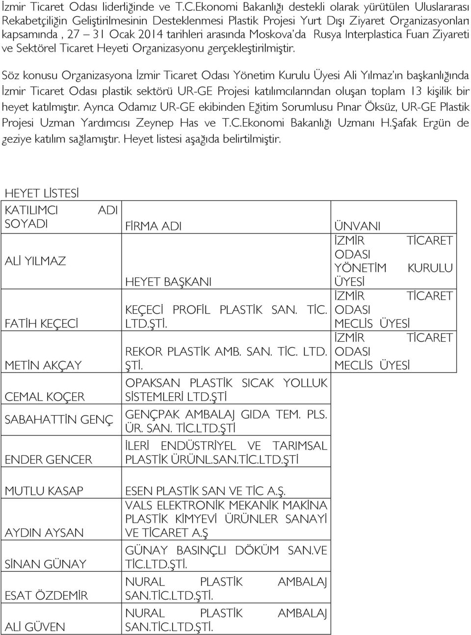 arasında Moskova da Rusya Interplastica Fuarı Ziyareti ve Sektörel Ticaret Heyeti Organizasyonu gerçekleştirilmiştir.