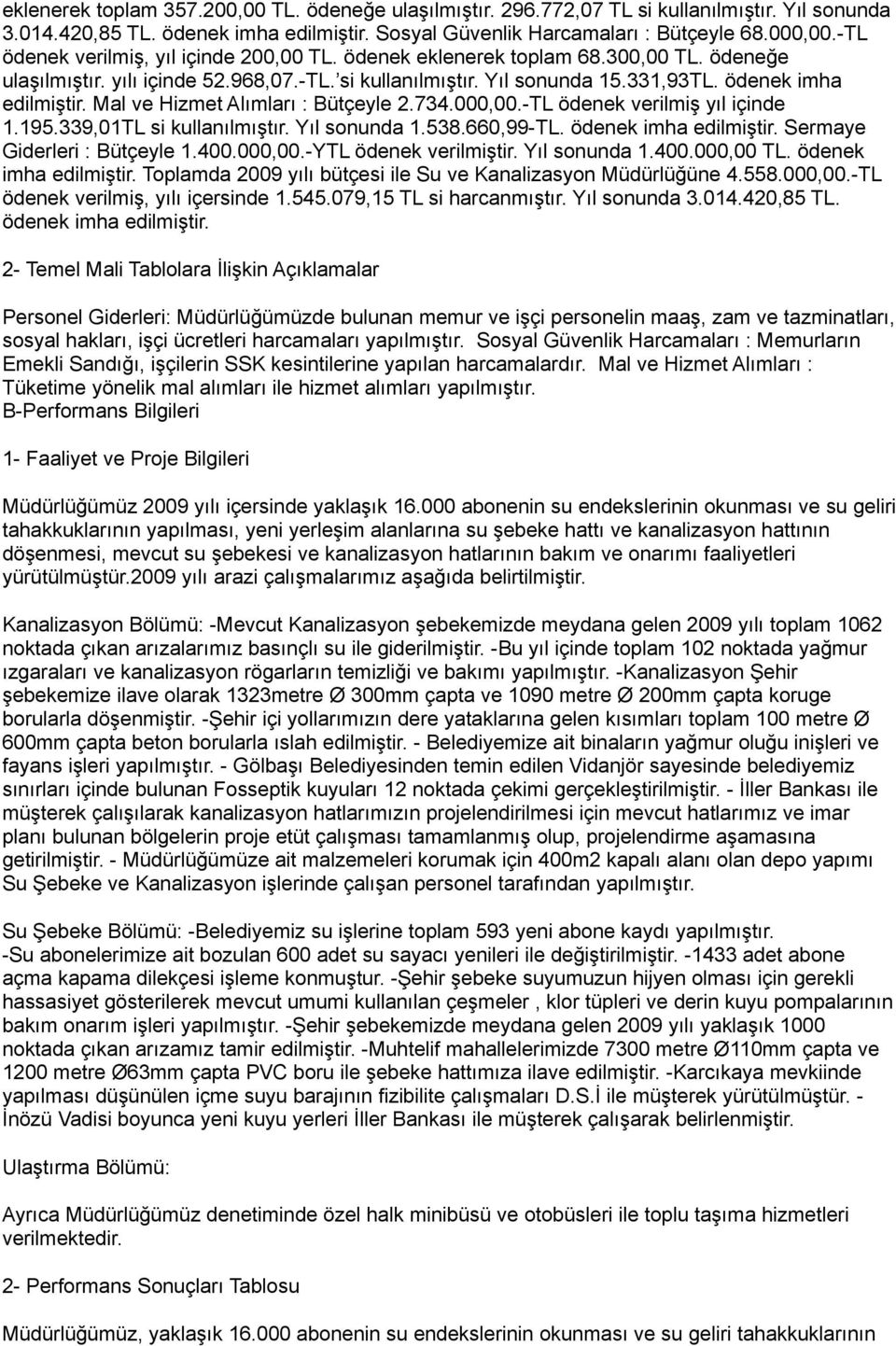 Mal ve Hizmet Alımları : Bütçeyle 2.734.000,00.-TL ödenek verilmiş yıl içinde 1.195.339,01TL si kullanılmıştır. Yıl sonunda 1.538.660,99-TL. ödenek imha edilmiştir. Sermaye Giderleri : Bütçeyle 1.400.