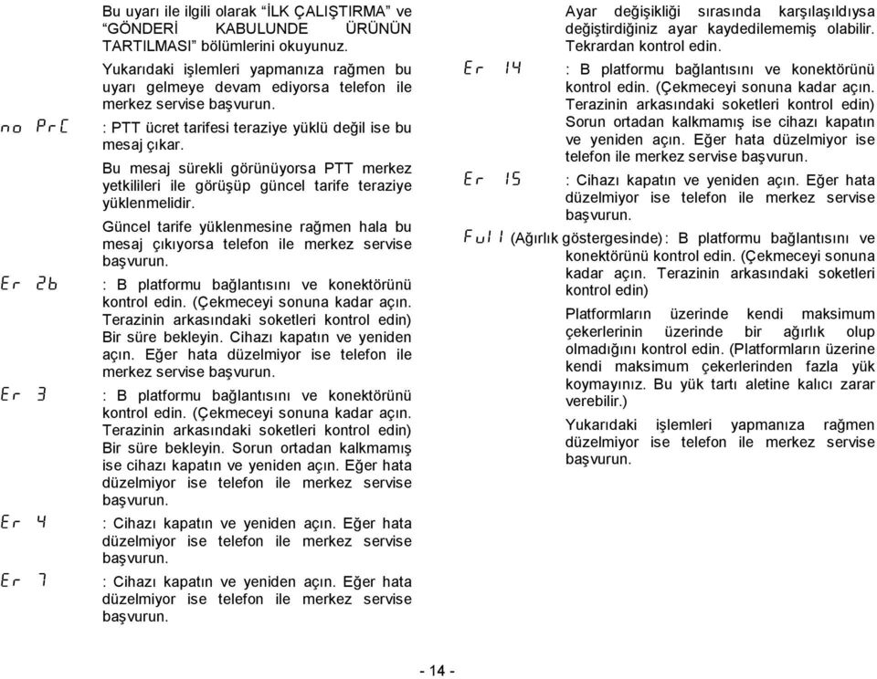 Bu mesaj sürekli görünüyrsa PTT merkez yetkilileri ile görüşüp güncel tarife teraziye yüklenmelidir. Güncel tarife yüklenmesine rağmen hala bu mesaj çıkıyrsa telefn ile merkez servise başvurun.