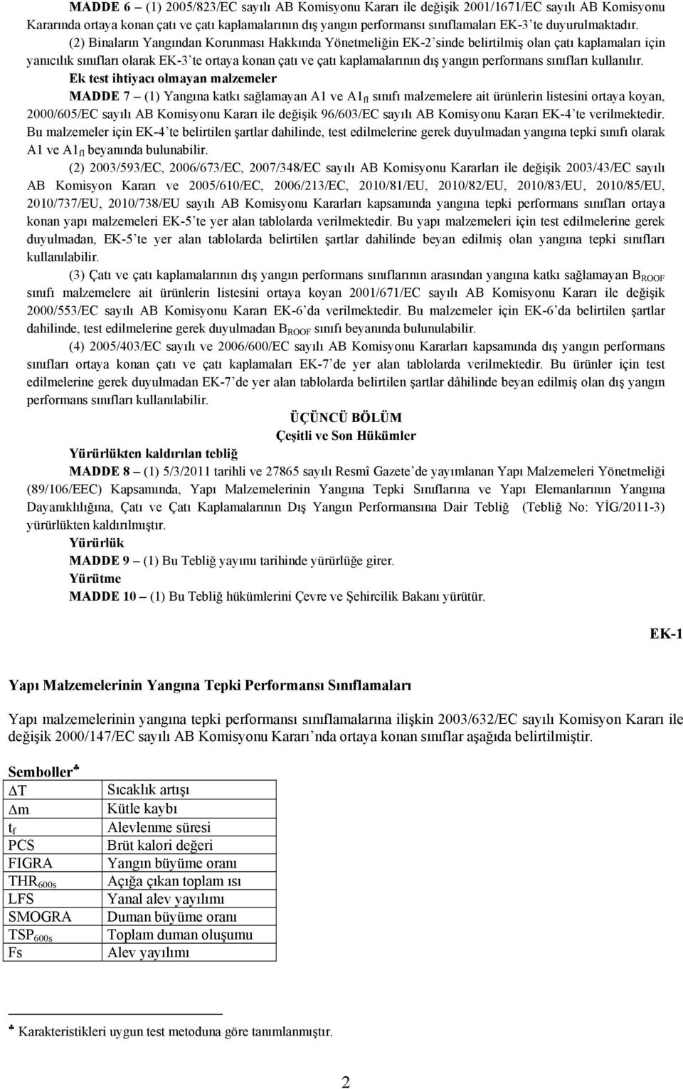 (2) Binaların Yangından Korunması Hakkında Yönetmeliğin EK-2 sinde belirtilmiş olan çatı kaplamaları için yanıcılık sınıfları olarak EK-3 te ortaya konan çatı ve çatı kaplamalarının dış yangın