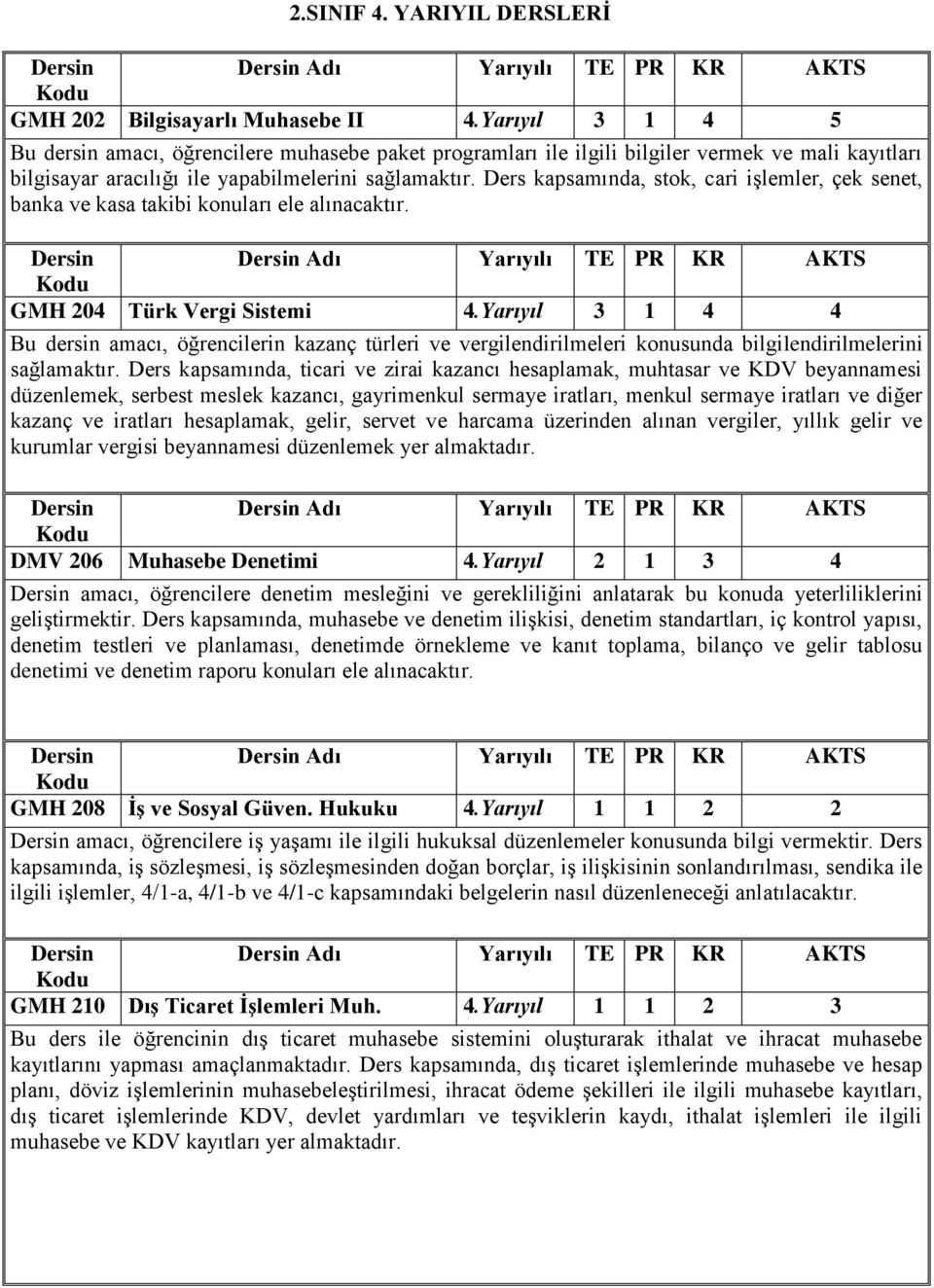 Ders kapsamında, stok, cari işlemler, çek senet, banka ve kasa takibi konuları ele alınacaktır. GMH 204 Türk Vergi Sistemi 4.