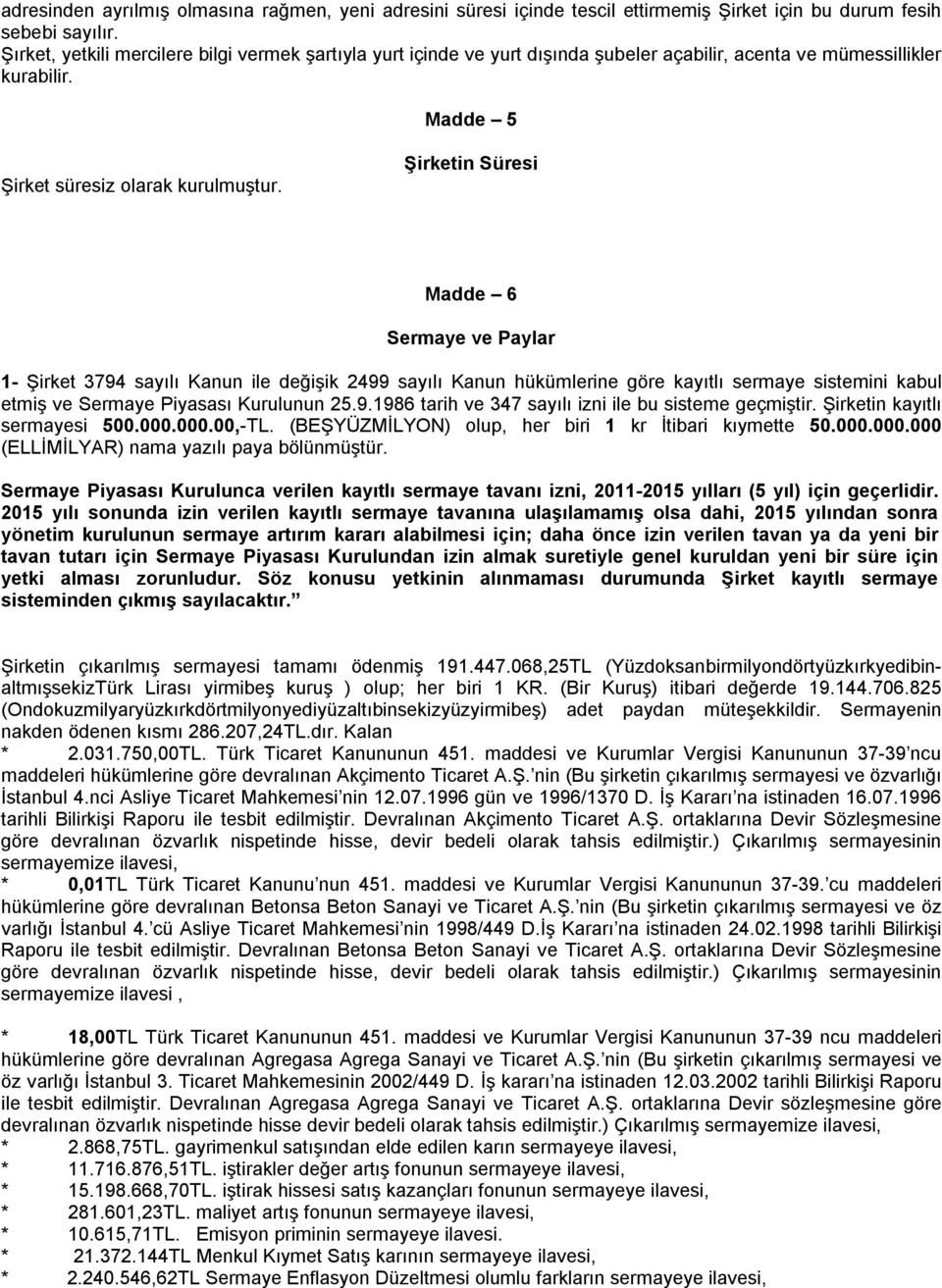 Şirketin Süresi Madde 6 Sermaye ve Paylar 1- Şirket 3794 sayılı Kanun ile değişik 2499 sayılı Kanun hükümlerine göre kayıtlı sermaye sistemini kabul etmiş ve Sermaye Piyasası Kurulunun 25.9.1986 tarih ve 347 sayılı izni ile bu sisteme geçmiştir.